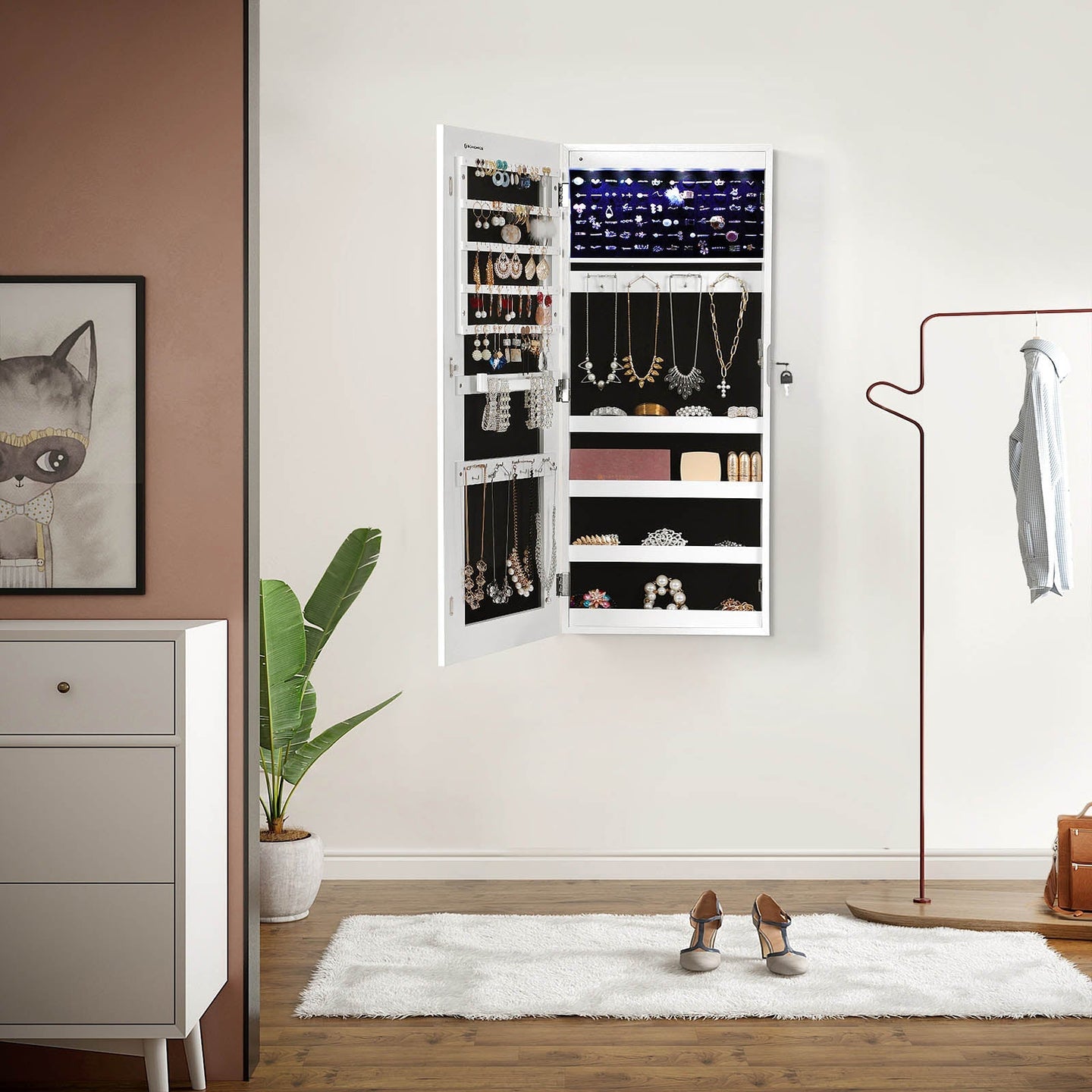 Jewelry Armoire - Wood - White - Wall-Mounted with LED Lighting and Full-Length Mirror