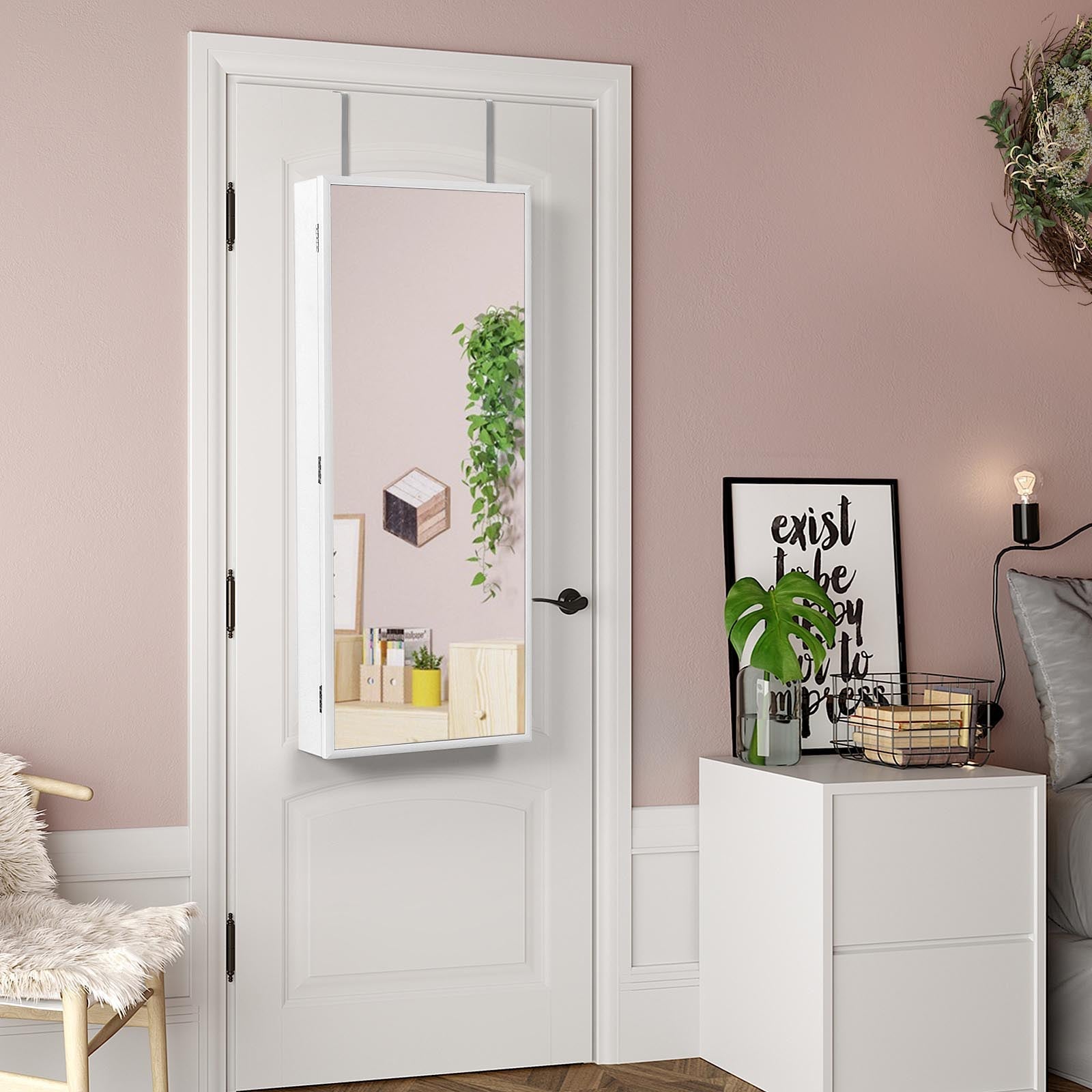 Jewelry Armoire - Wood - White - Wall-Mounted with LED Lighting and Full-Length Mirror