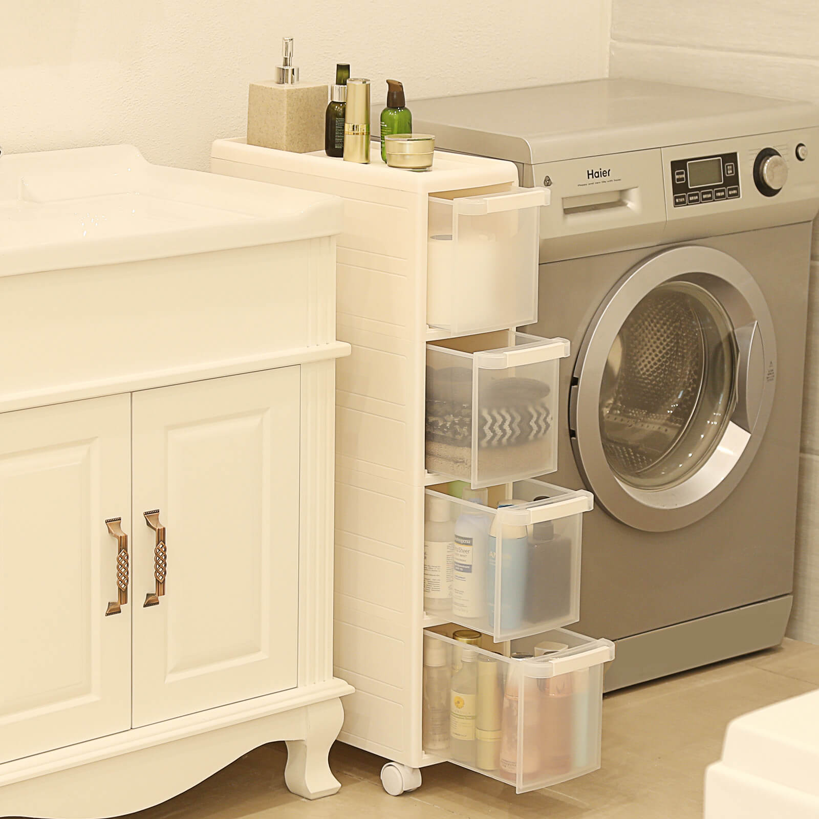 Narrow Gap Storage Shelf - PP Plastic - White - 4-Tier Detachable Design with Wheels