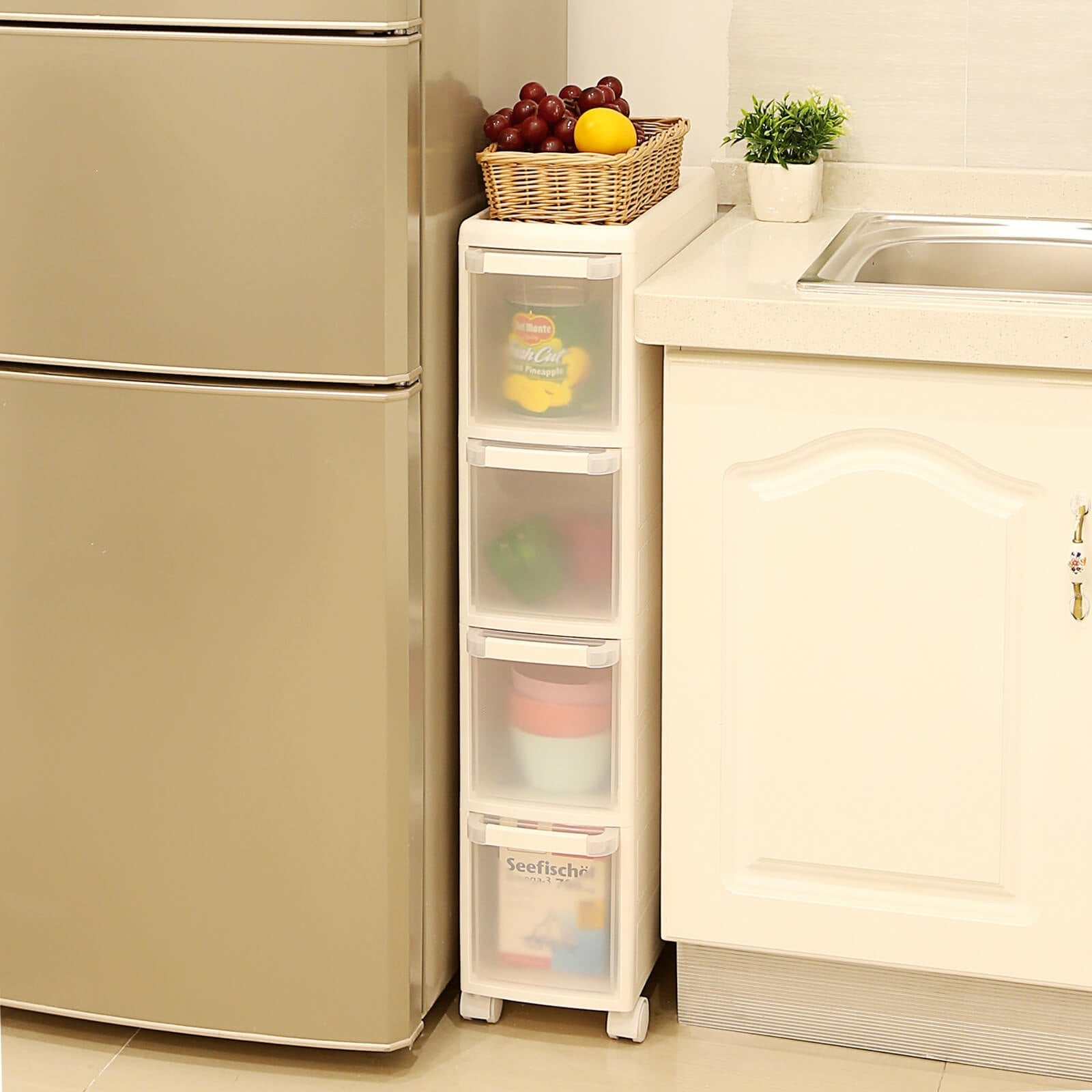 Narrow Gap Storage Shelf - PP Plastic - White - 4-Tier Detachable Design with Wheels
