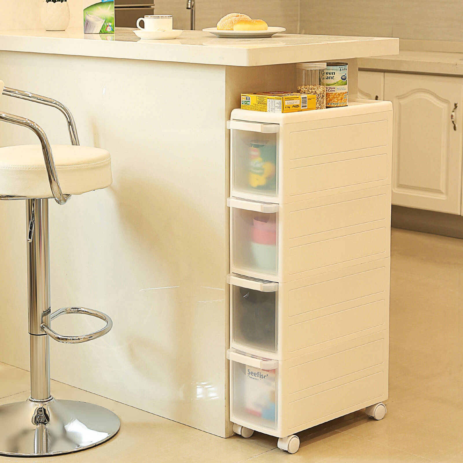 Narrow Gap Storage Shelf - PP Plastic - White - 4-Tier Detachable Design with Wheels