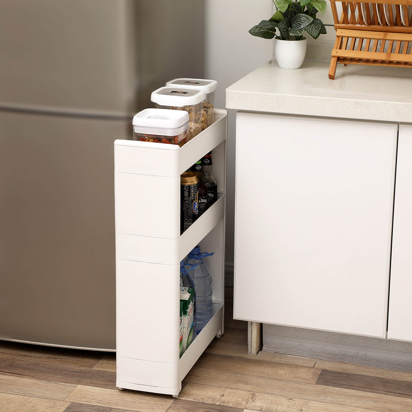 Narrow Storage Rolling Trolley - Metal - White - 3 Shelves for Kitchen