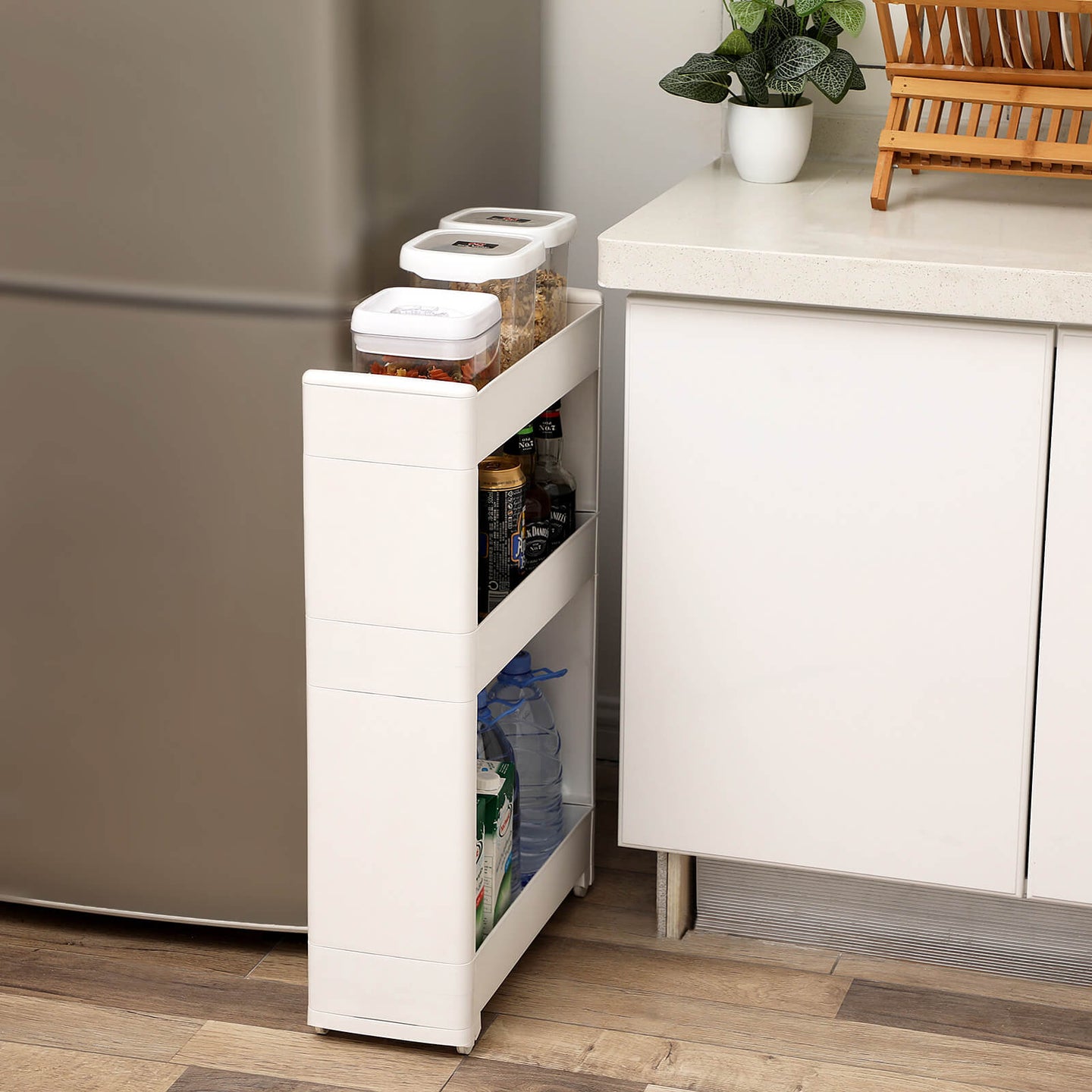 Narrow Storage Rolling Trolley - Metal - White - 3 Shelves for Kitchen