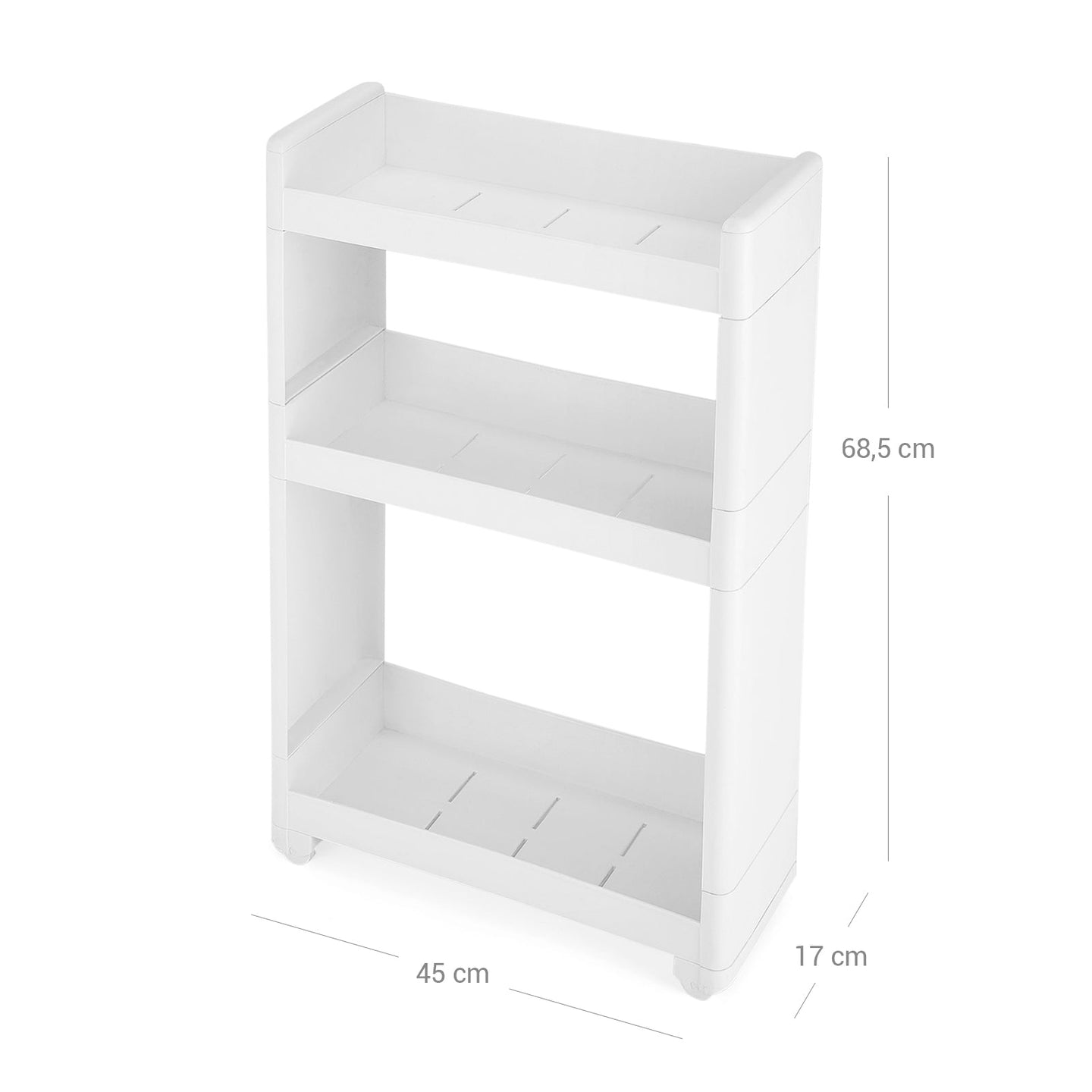Narrow Storage Rolling Trolley - Metal - White - 3 Shelves for Kitchen