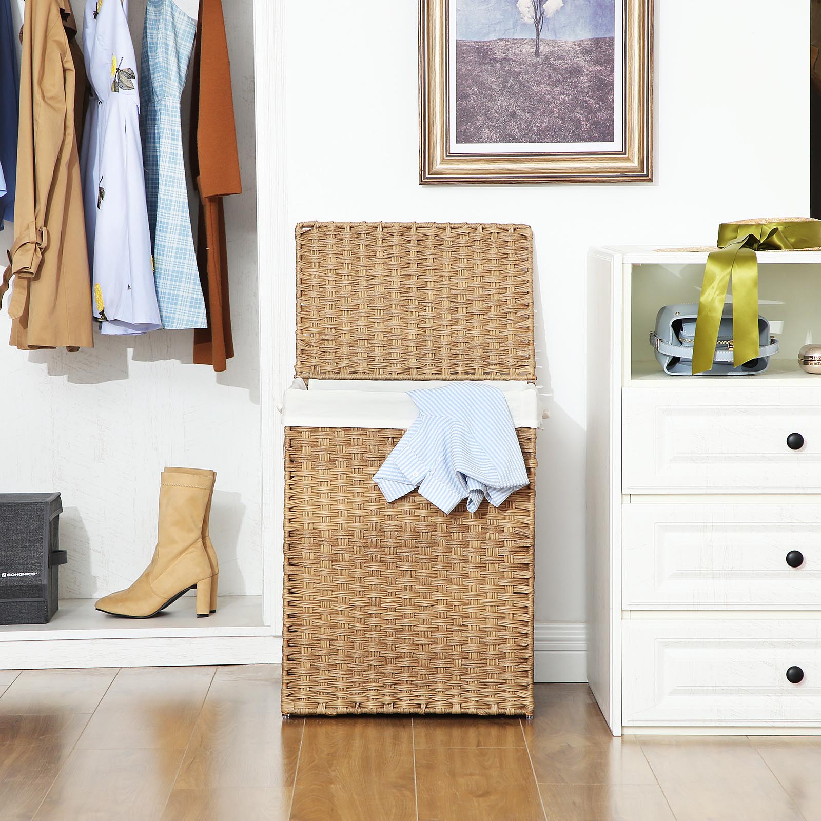 Double Laundry Hamper - Synthetic Rattan - Natural - Foldable with Lid and Removable Liner