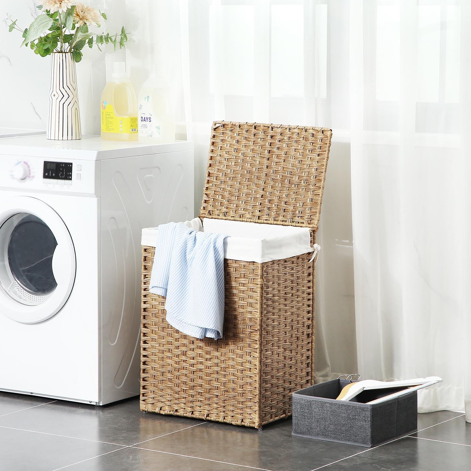 Double Laundry Hamper - Synthetic Rattan - Natural - Foldable with Lid and Removable Liner