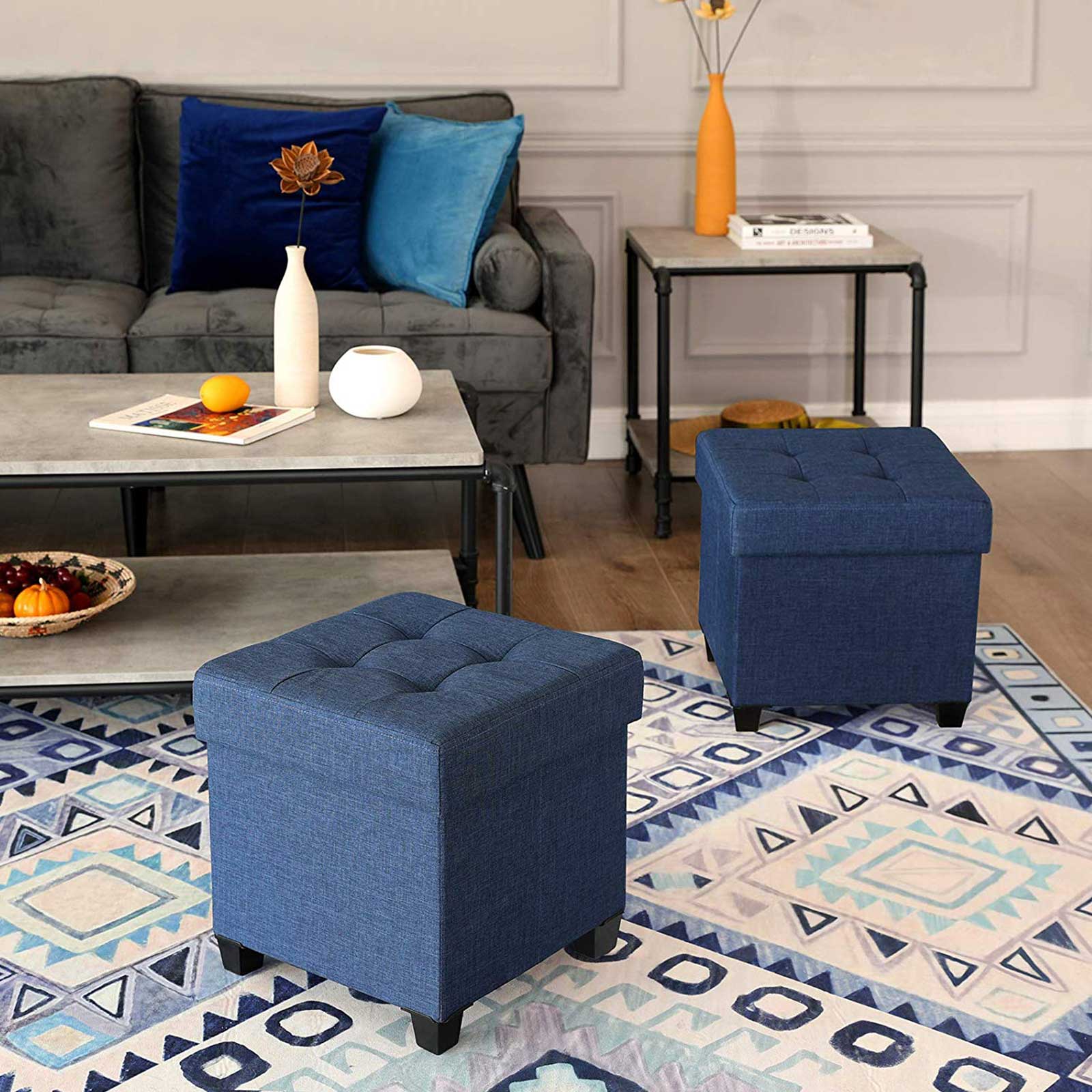 Collapsible Cube Ottoman - Fabric - Navy Blue - Versatile Storage and Foot Stool with Wooden Feet