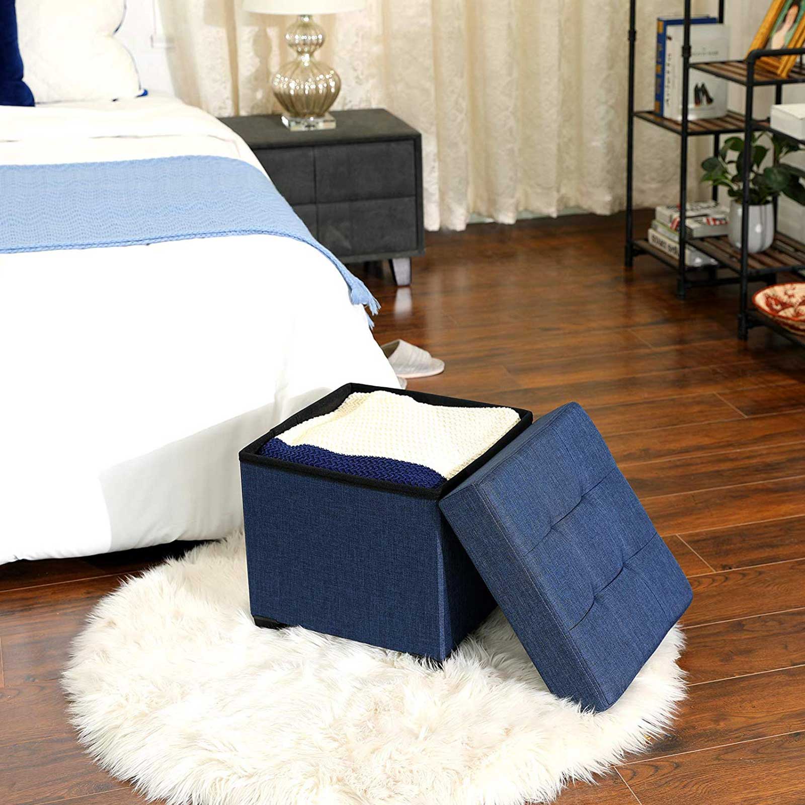 Collapsible Cube Ottoman - Fabric - Navy Blue - Versatile Storage and Foot Stool with Wooden Feet