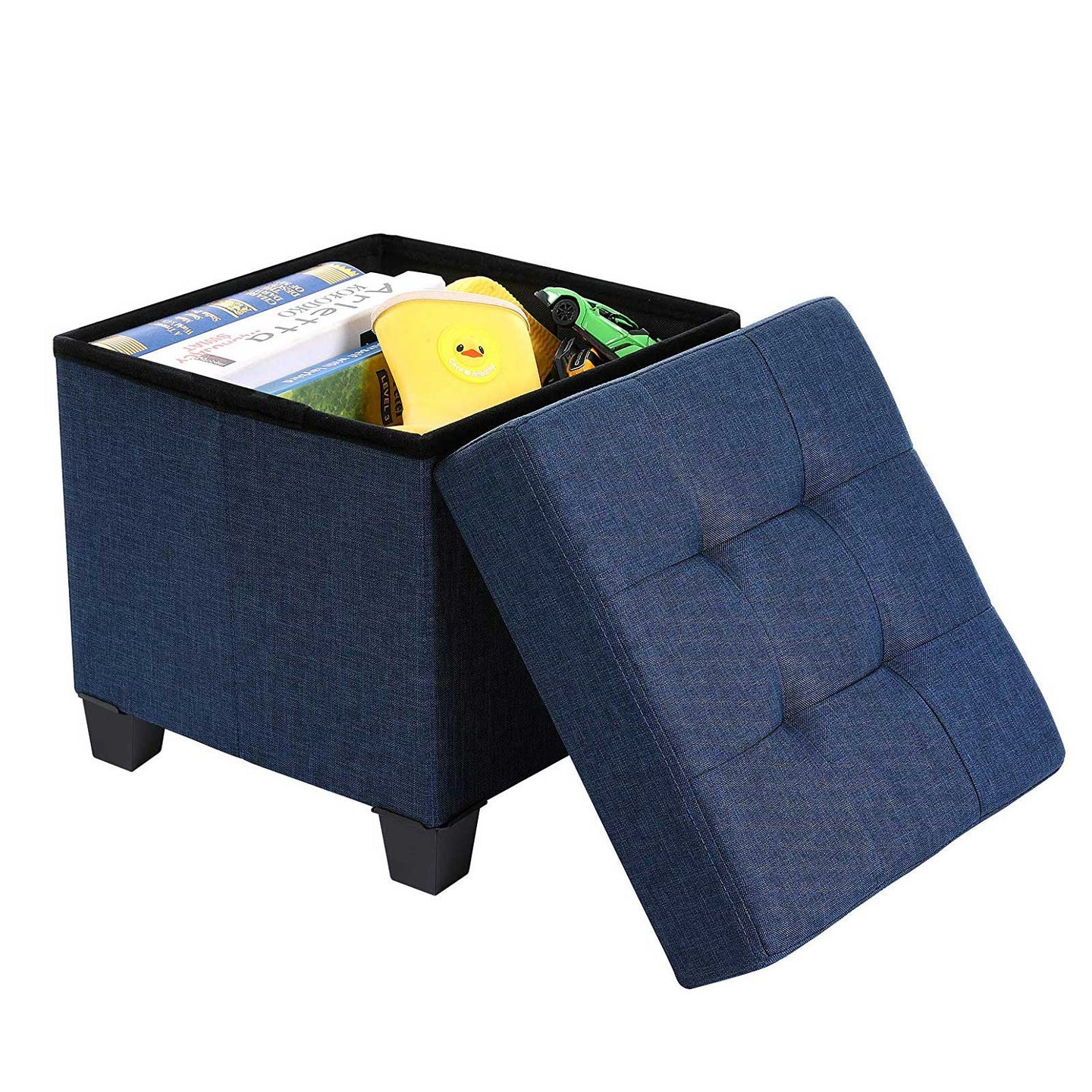 Collapsible Cube Ottoman - Fabric - Navy Blue - Versatile Storage and Foot Stool with Wooden Feet