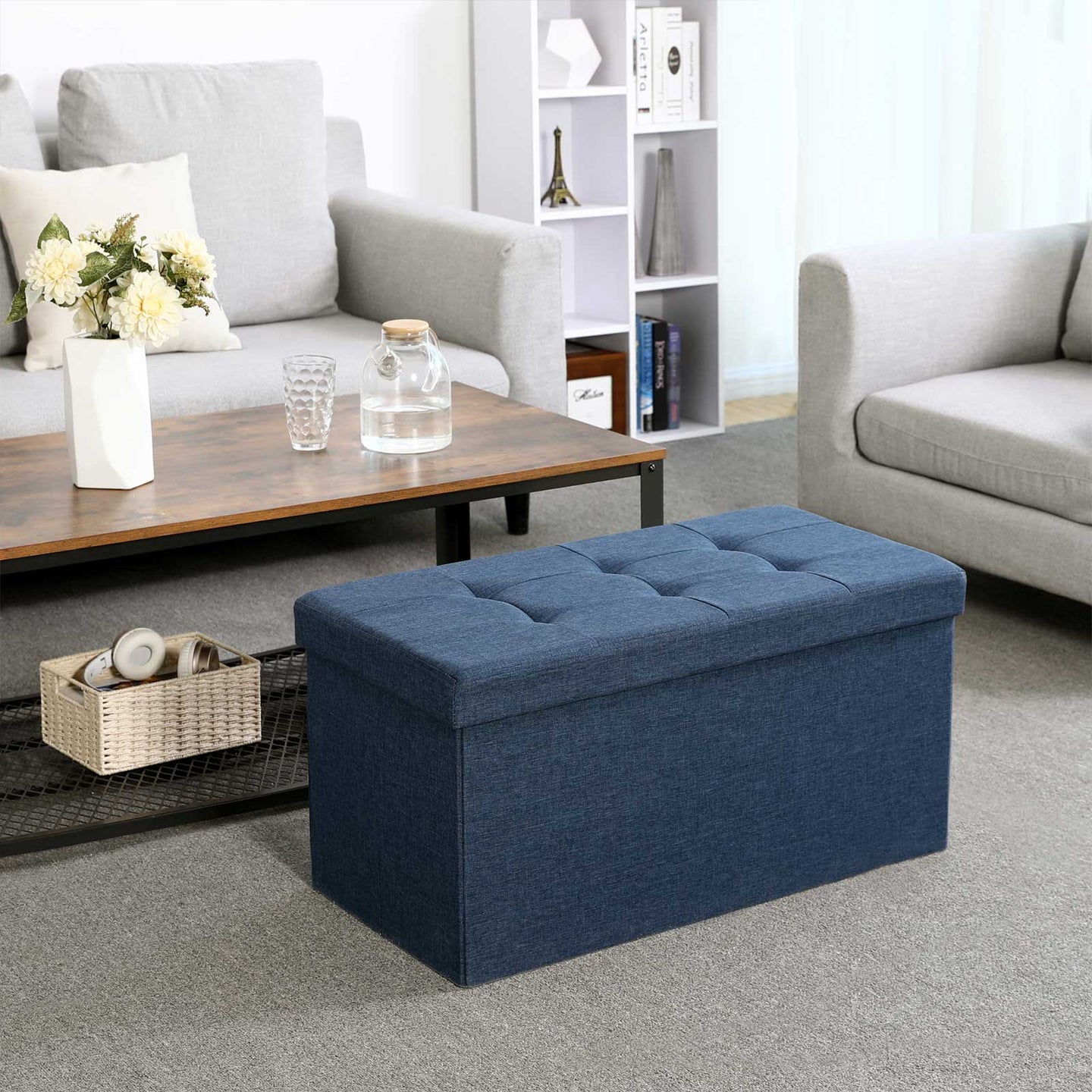 Storage Ottoman - Fabric - Navy Blue - Foldable with 80L Capacity