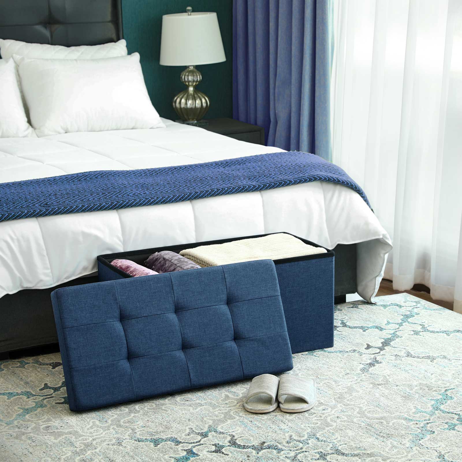 Storage Ottoman - Fabric - Navy Blue - Foldable with 80L Capacity