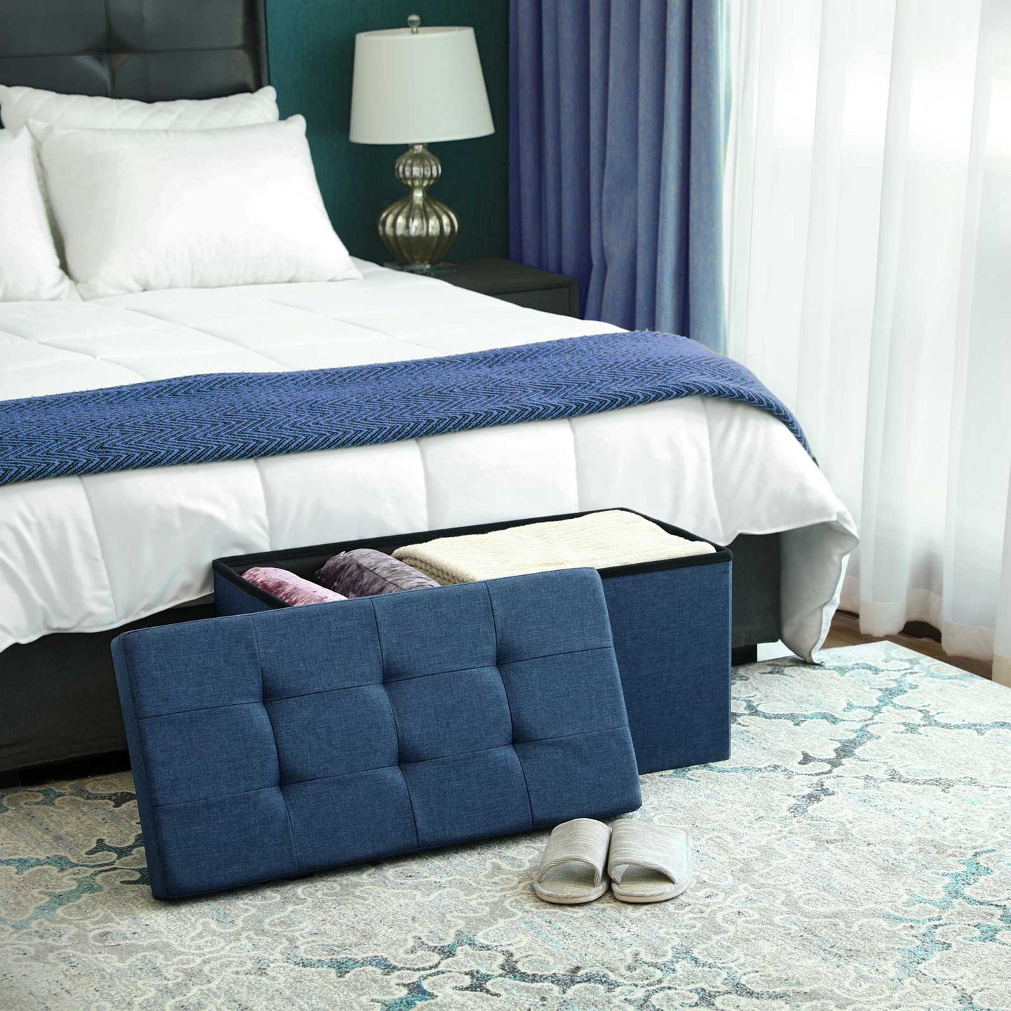 Storage Ottoman - Fabric - Navy Blue - Foldable with 80L Capacity