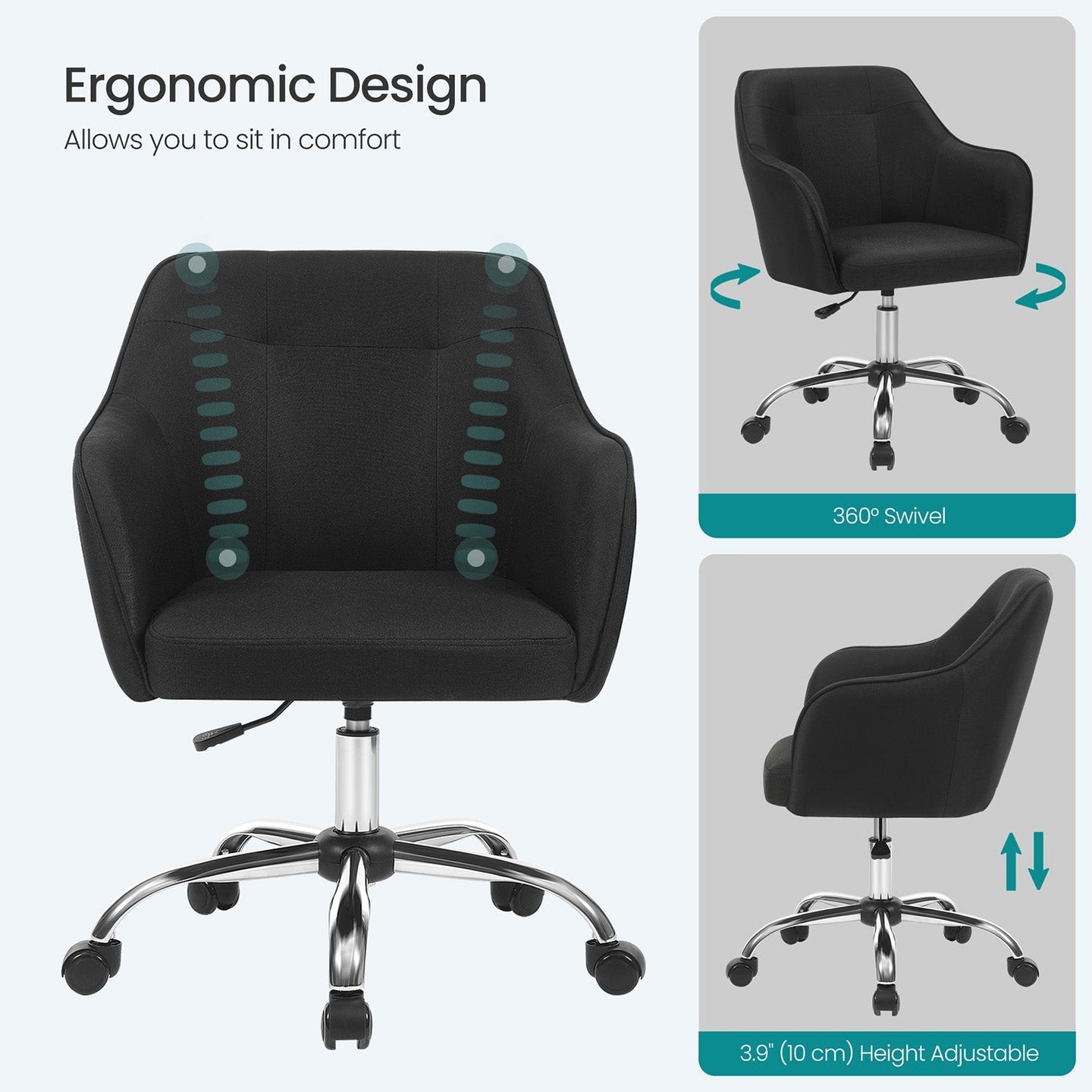 Office Chair - Linenette Fabric - Black - Ergonomic Swivel Design with Armrests