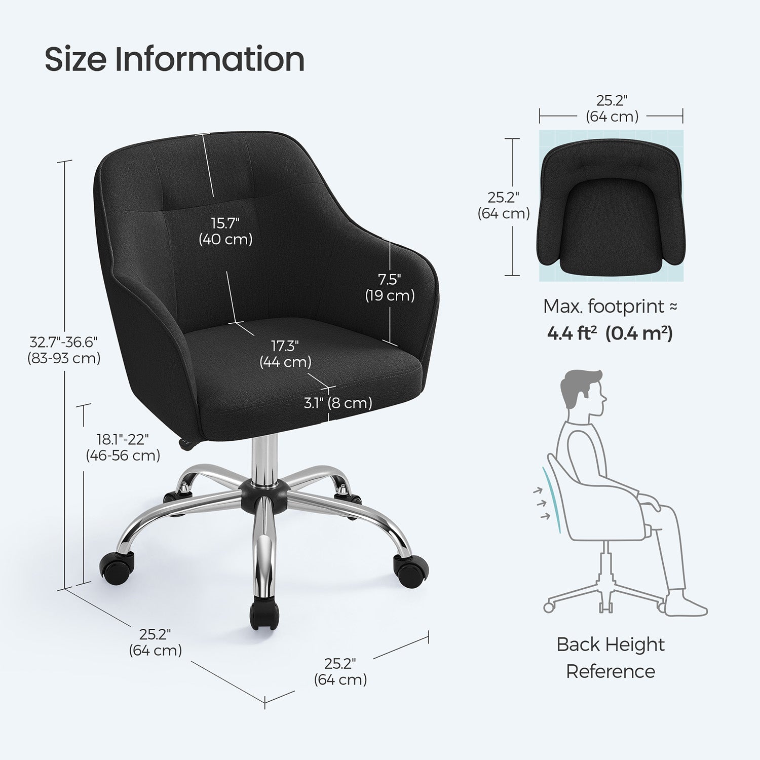 Office Chair - Linenette Fabric - Black - Ergonomic Swivel Design with Armrests