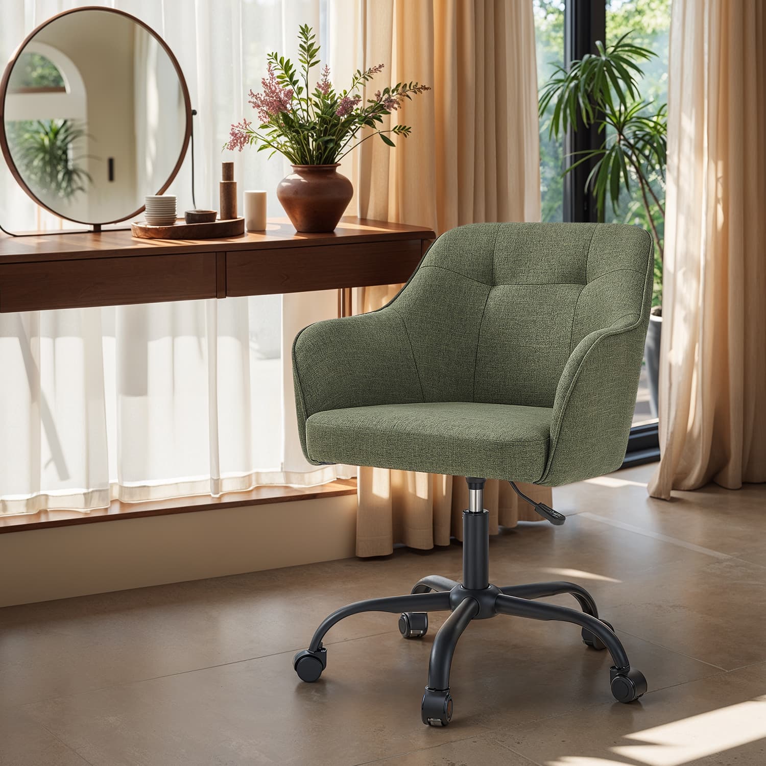 Desk Chair - Cotton-Linen Fabric - Green - Adjustable Height with Armrests