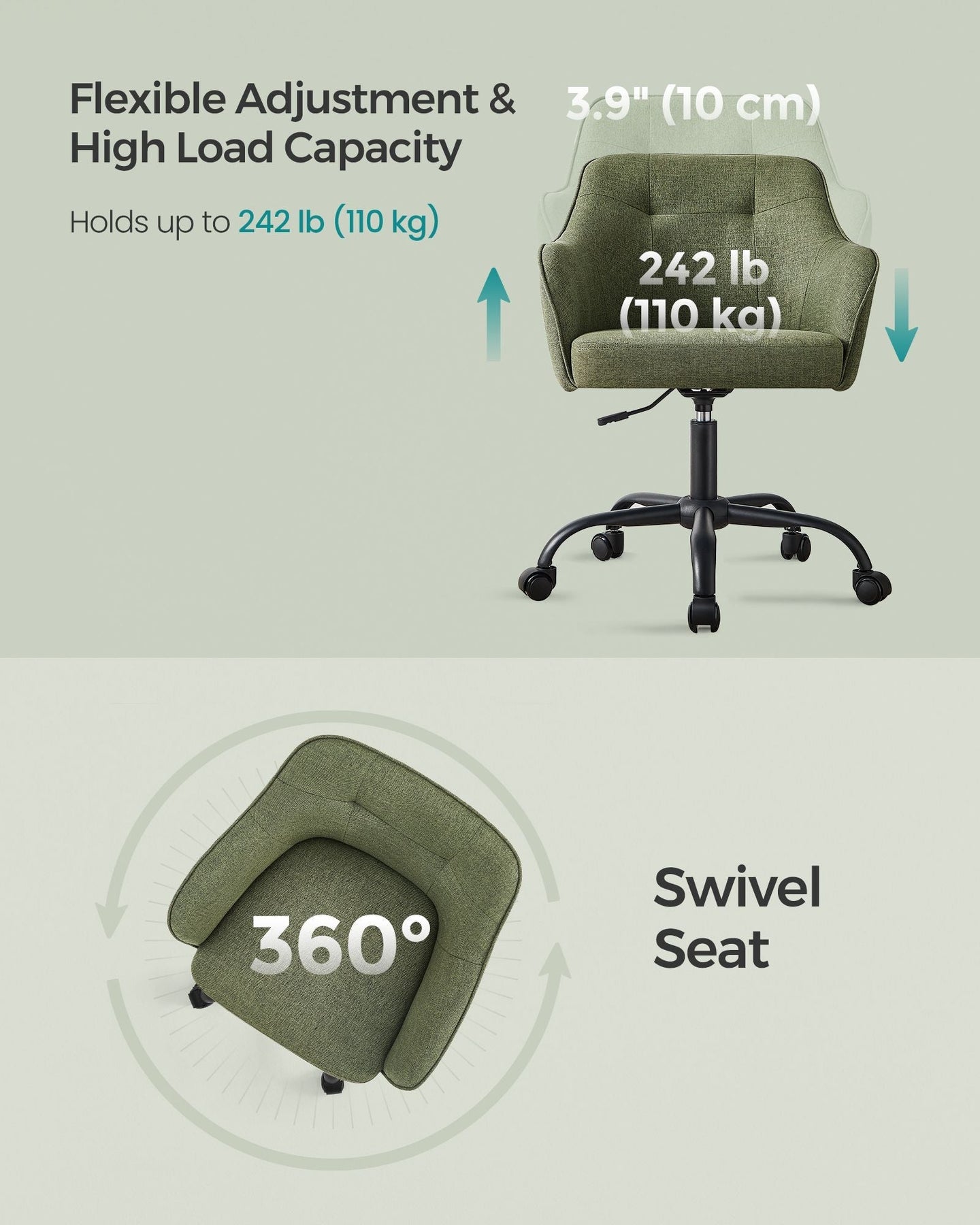 Office Chair - Linenette Fabric - Green - Ergonomic