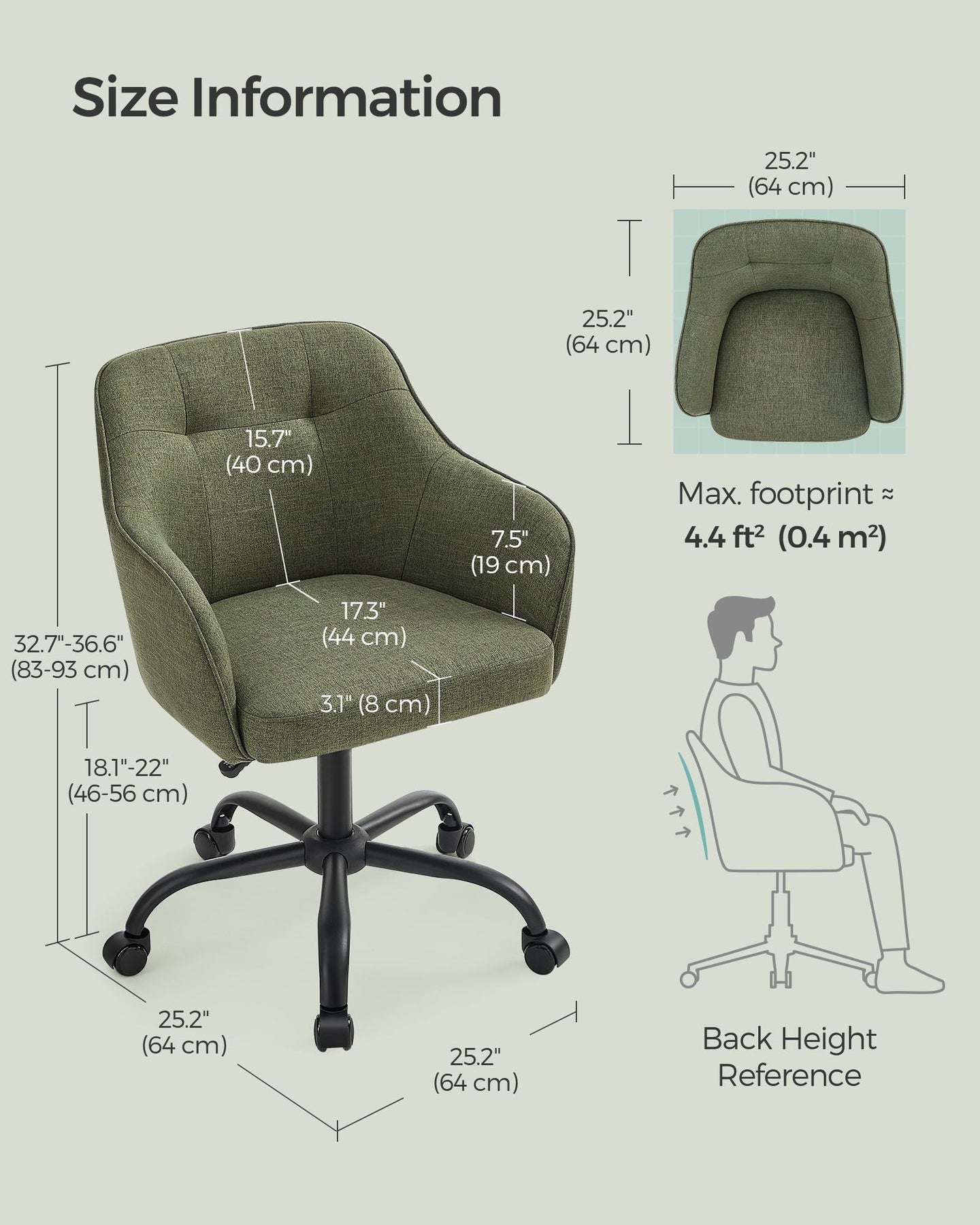 Office Chair - Linenette Fabric - Green - Ergonomic