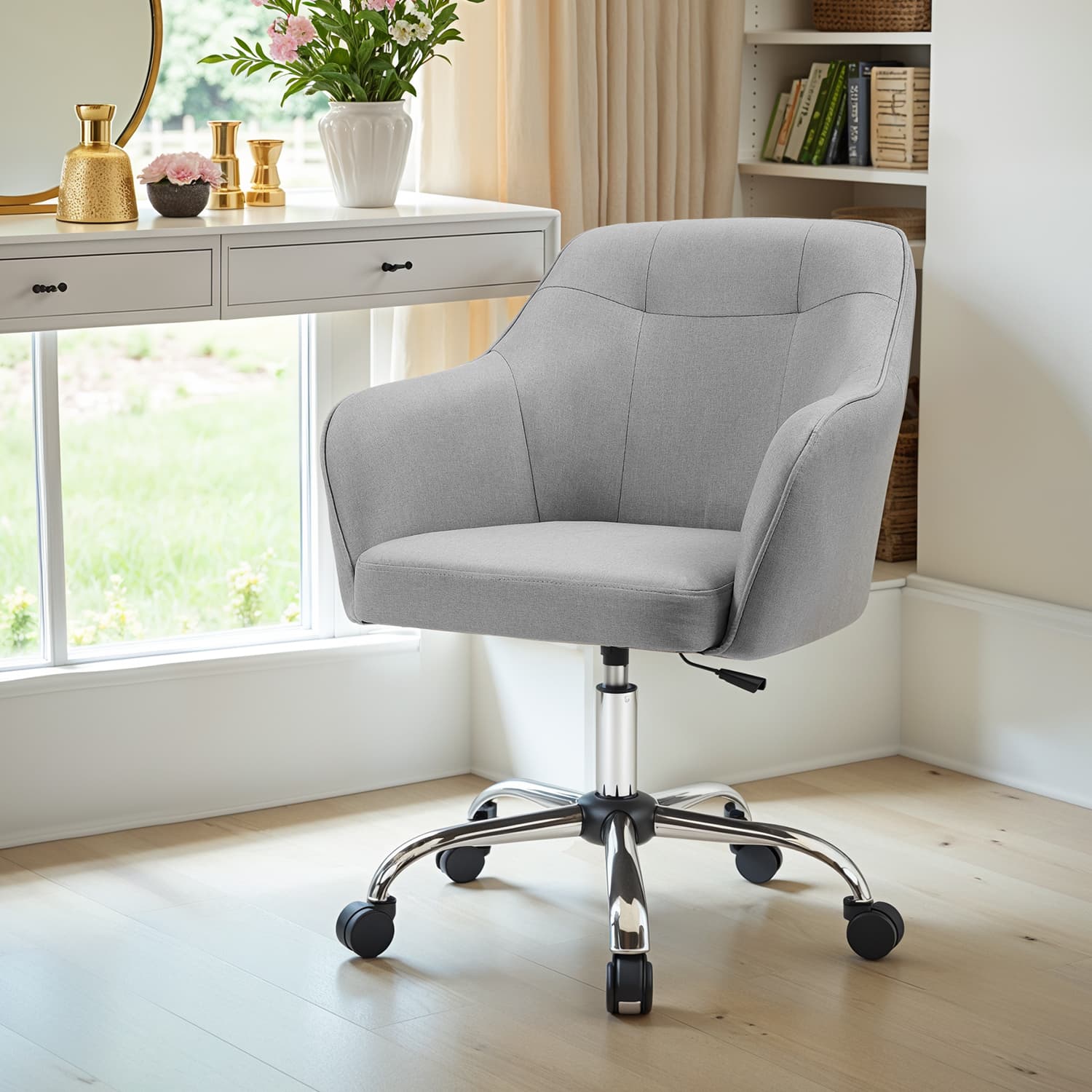 Adjustable Desk Chair - Cotton-Linen Fabric - Grey - Armrests and 110 kg Load Capacity