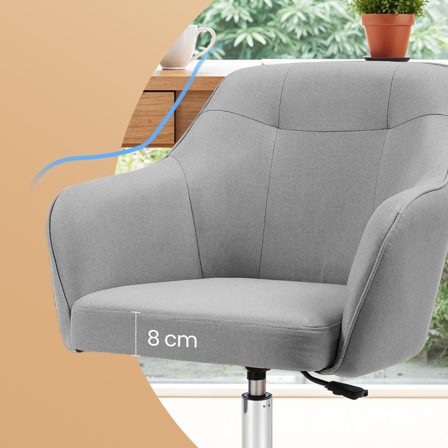 Adjustable Desk Chair - Cotton-Linen Fabric - Grey - Armrests and 110 kg Load Capacity