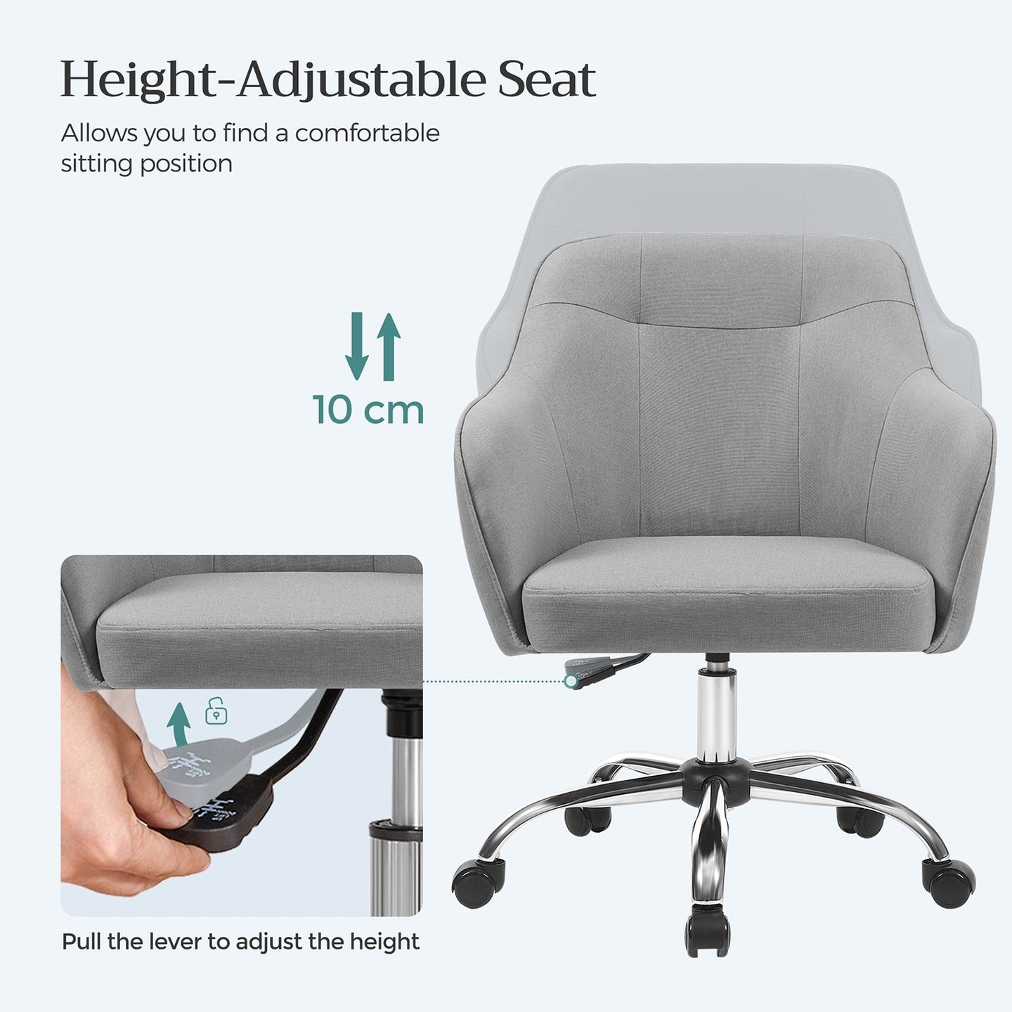 Office Chair - Linenette Fabric - Grey - Ergonomic Design with Adjustable Height and Armrests