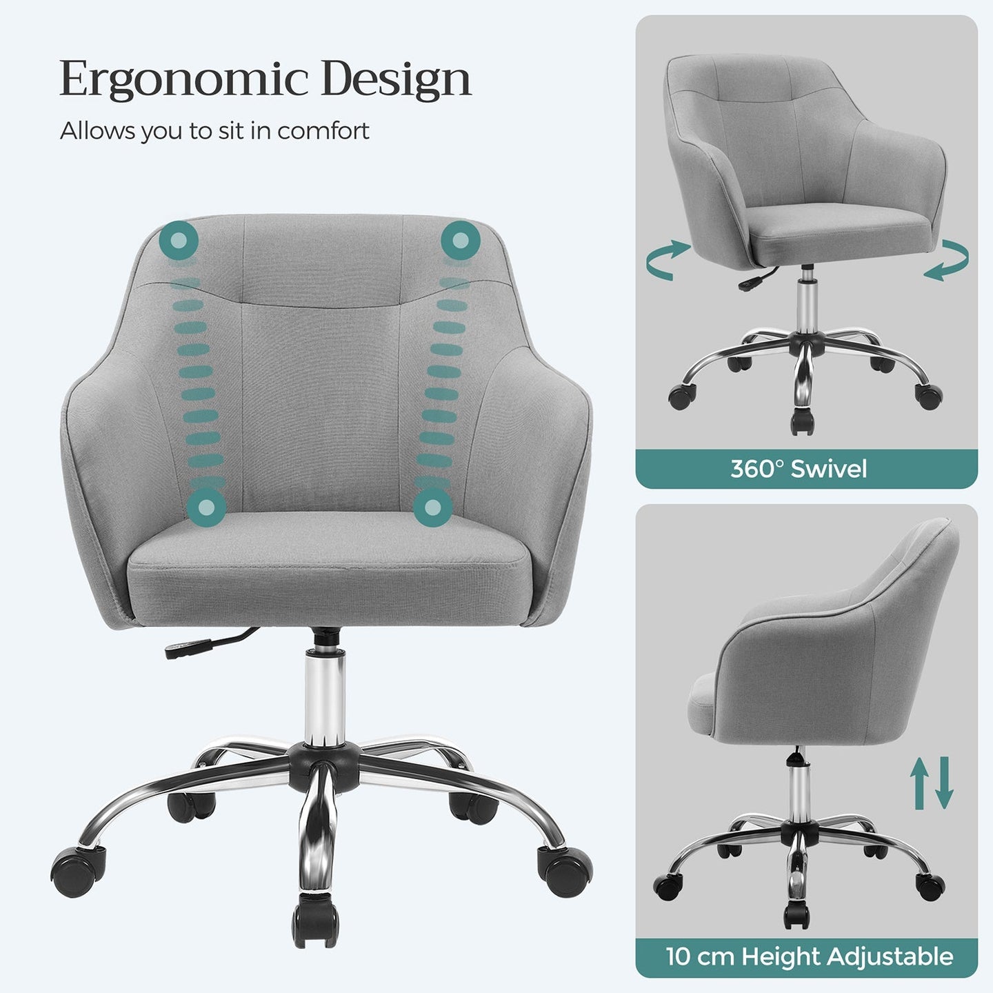 Office Chair - Linenette Fabric - Grey - Ergonomic Design with Adjustable Height and Armrests