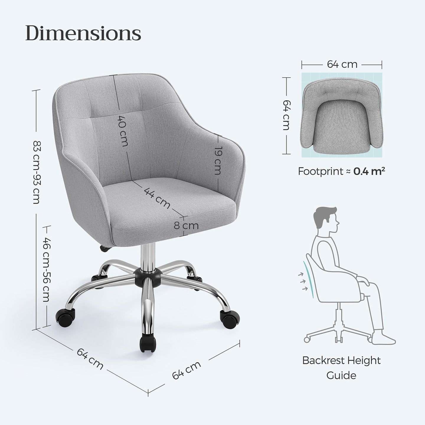 Office Chair - Linenette Fabric - Grey - Ergonomic Design with Adjustable Height and Armrests