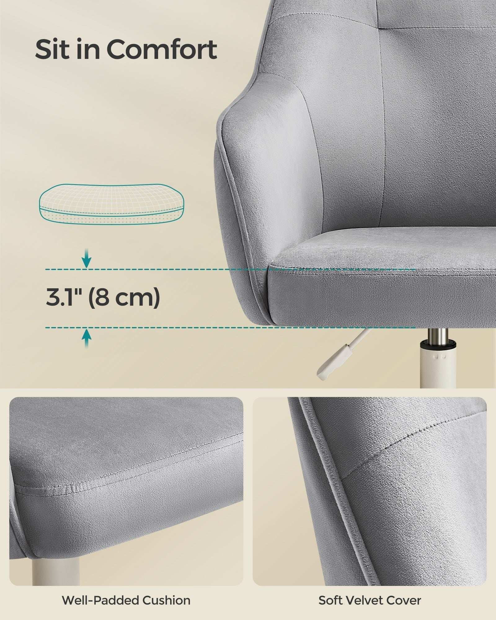 Swivel Office Chair - Linenette Fabric - Dove Grey - Ergonomic Design