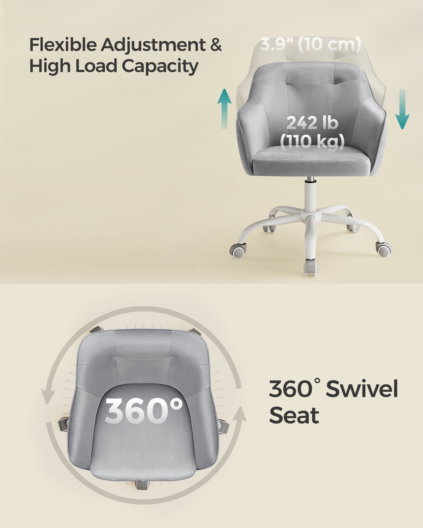 Swivel Office Chair - Linenette Fabric - Dove Grey - Ergonomic Design