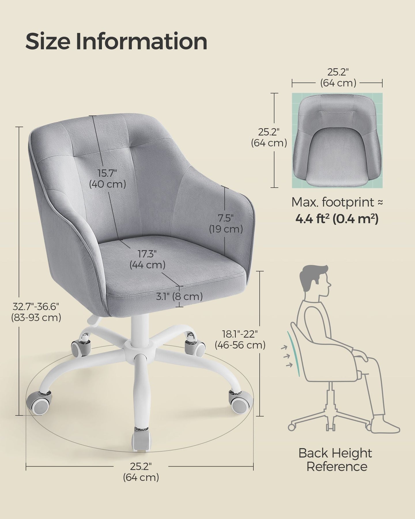 Swivel Office Chair - Linenette Fabric - Dove Grey - Ergonomic Design