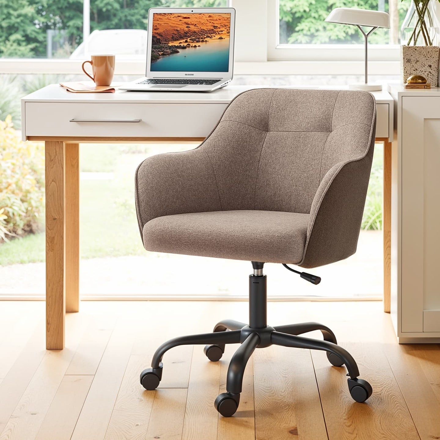 Office Chair - Cotton-Linen Fabric - Brown - Adjustable Height with Armrests