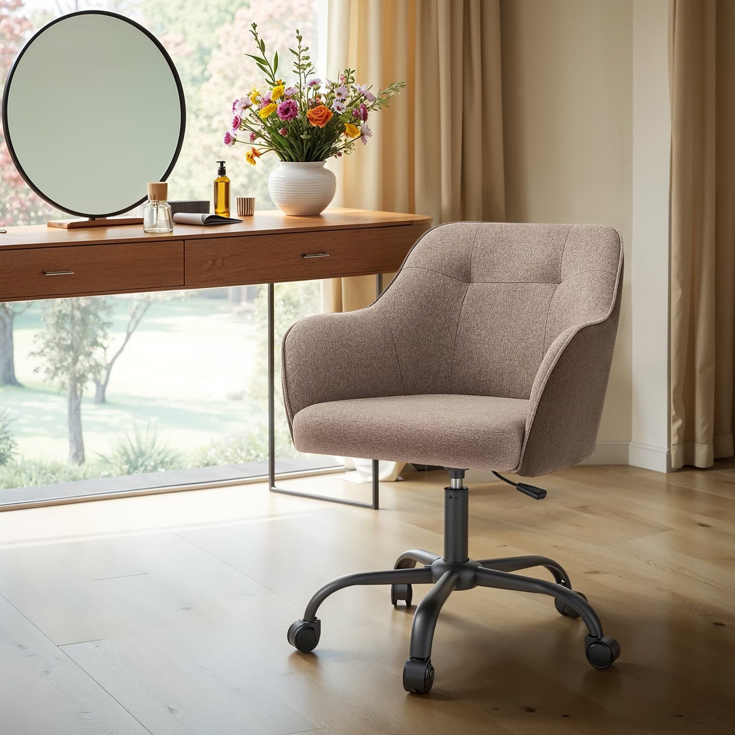 Office Chair - Cotton-Linen Fabric - Brown - Adjustable Height with Armrests