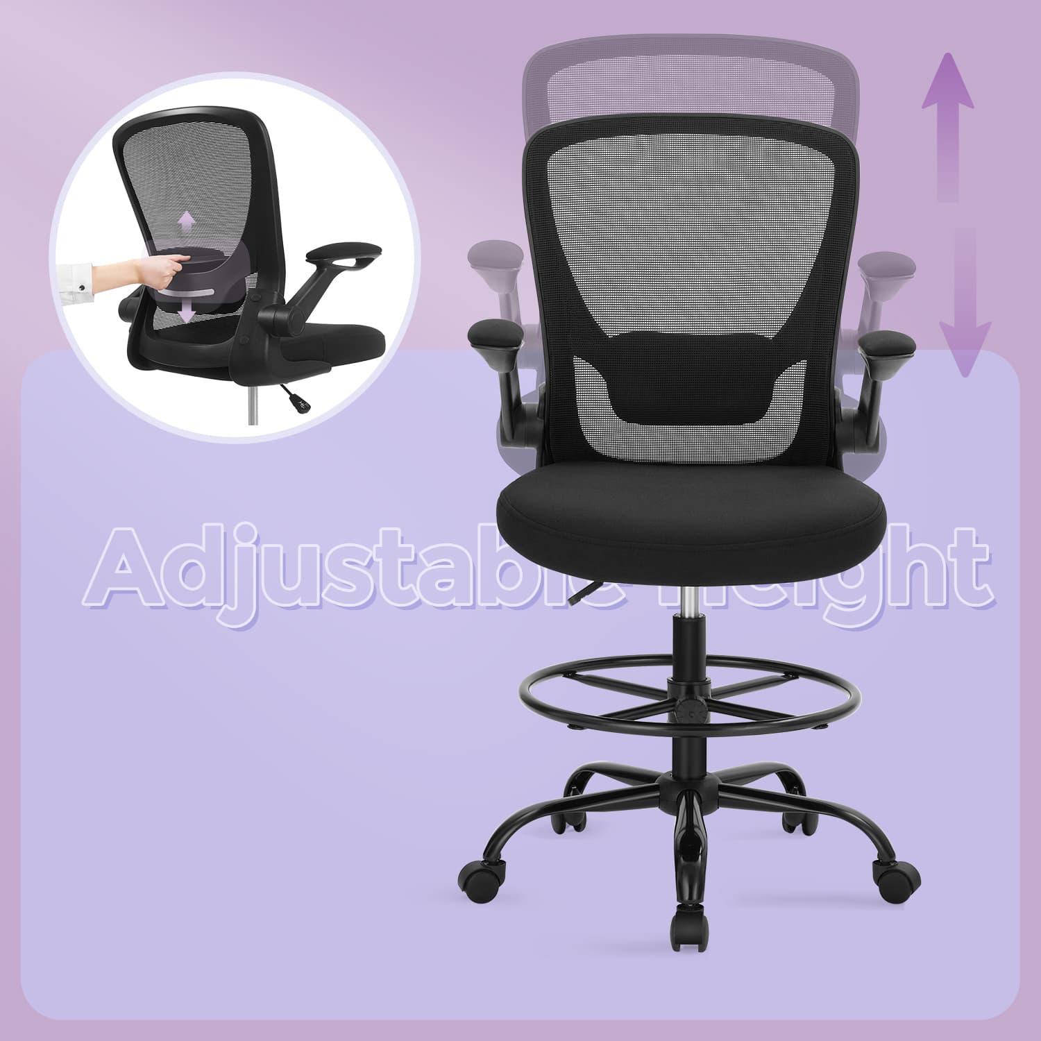 Ergonomic Mesh Office Chair - Black - Adjustable Lumbar Support and Flip-up Armrests