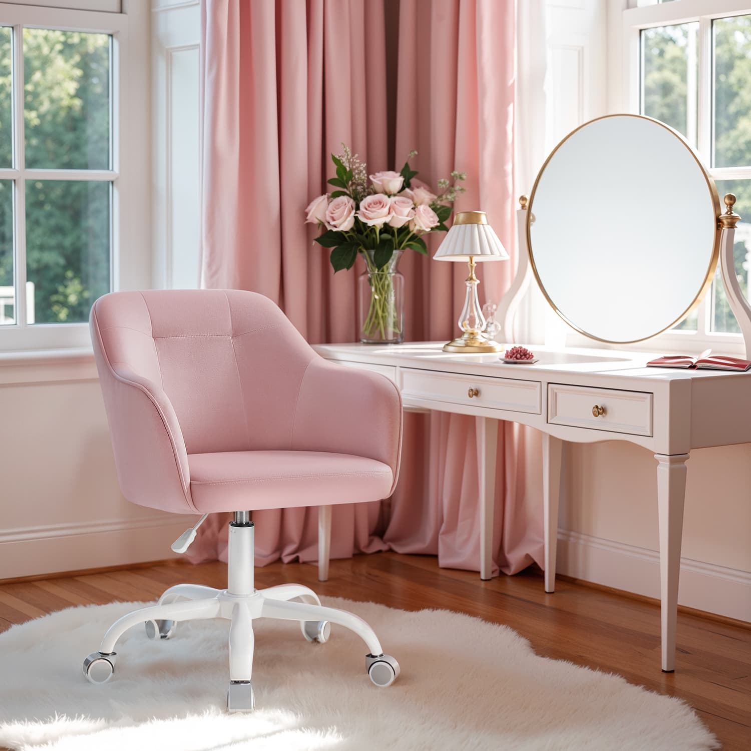 Office Chair - Cotton-Linen Fabric - Pink - Adjustable Height with Armrests