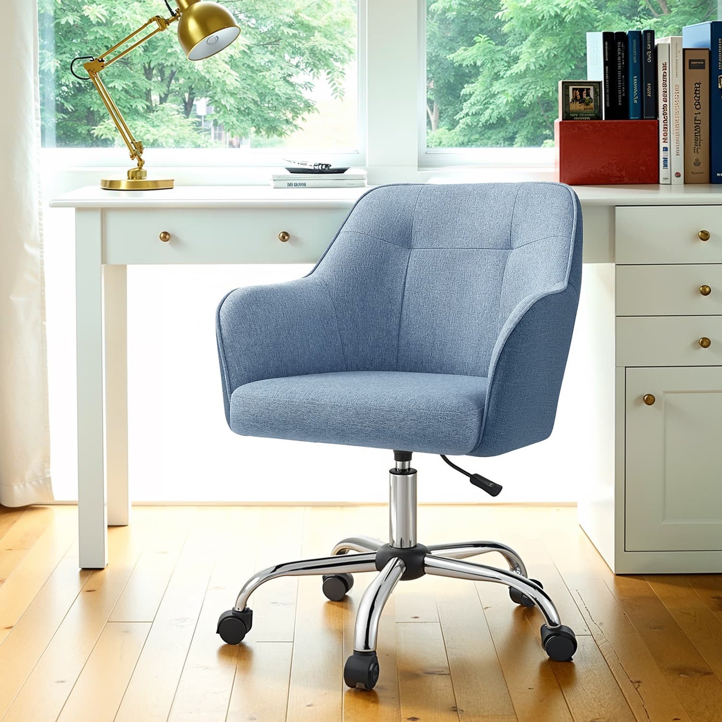 Office Chair - Cotton-Linen Fabric - Blue - Adjustable Height with Armrests