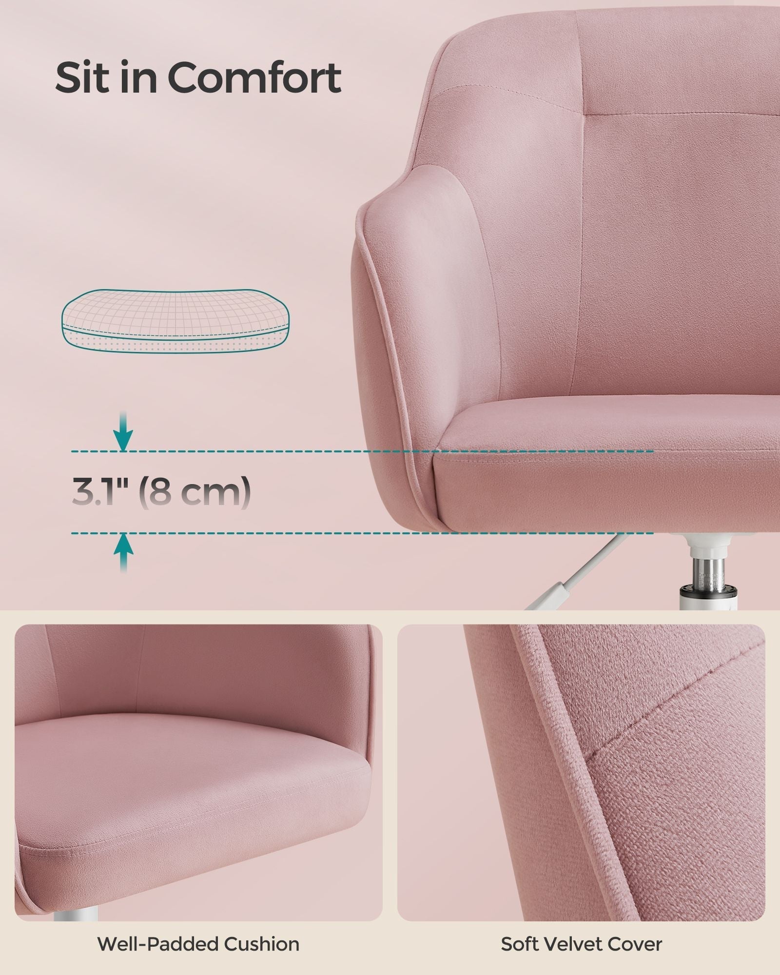 Swivel Office Chair - Linenette Fabric - Jelly Pink - Ergonomic and Height Adjustable