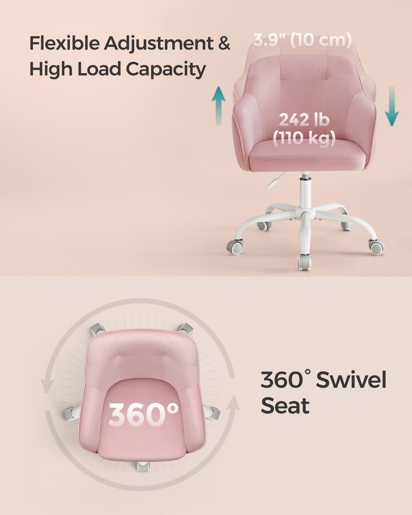 Swivel Office Chair - Linenette Fabric - Jelly Pink - Ergonomic and Height Adjustable