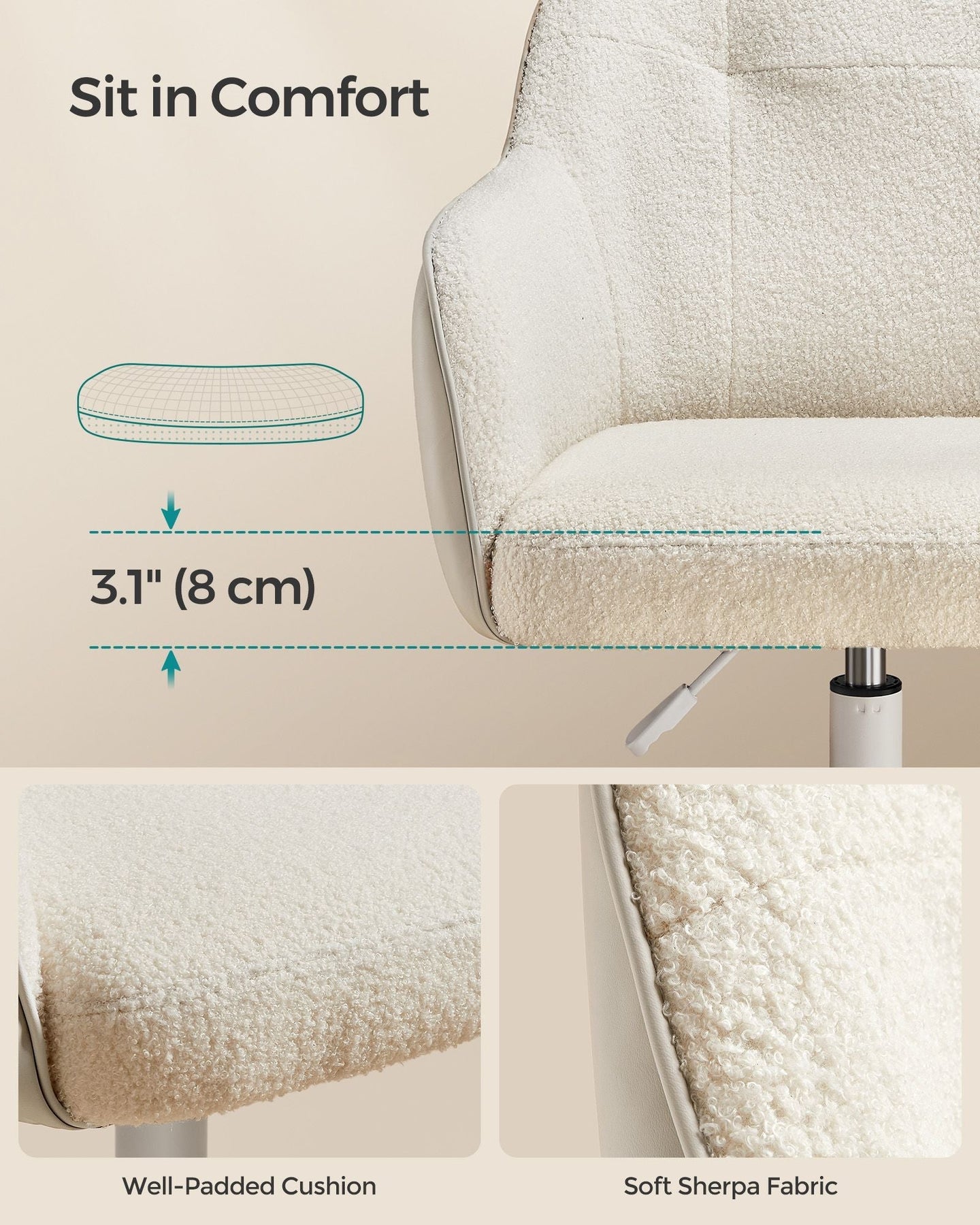 Swivel Desk Chair - Linenette Fabric - Cappuccino Beige - Ergonomic and Height Adjustable