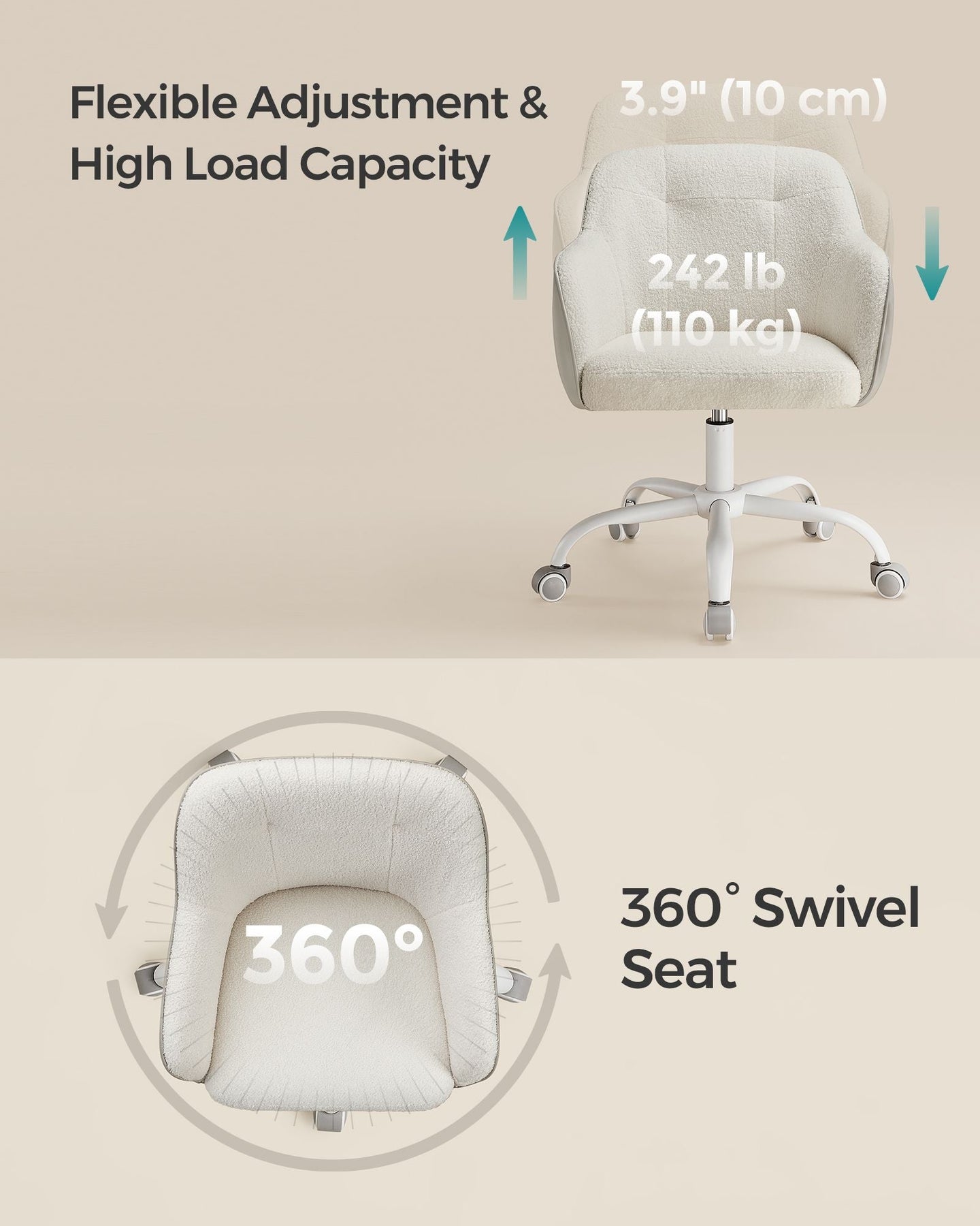 Swivel Desk Chair - Linenette Fabric - Cappuccino Beige - Ergonomic and Height Adjustable