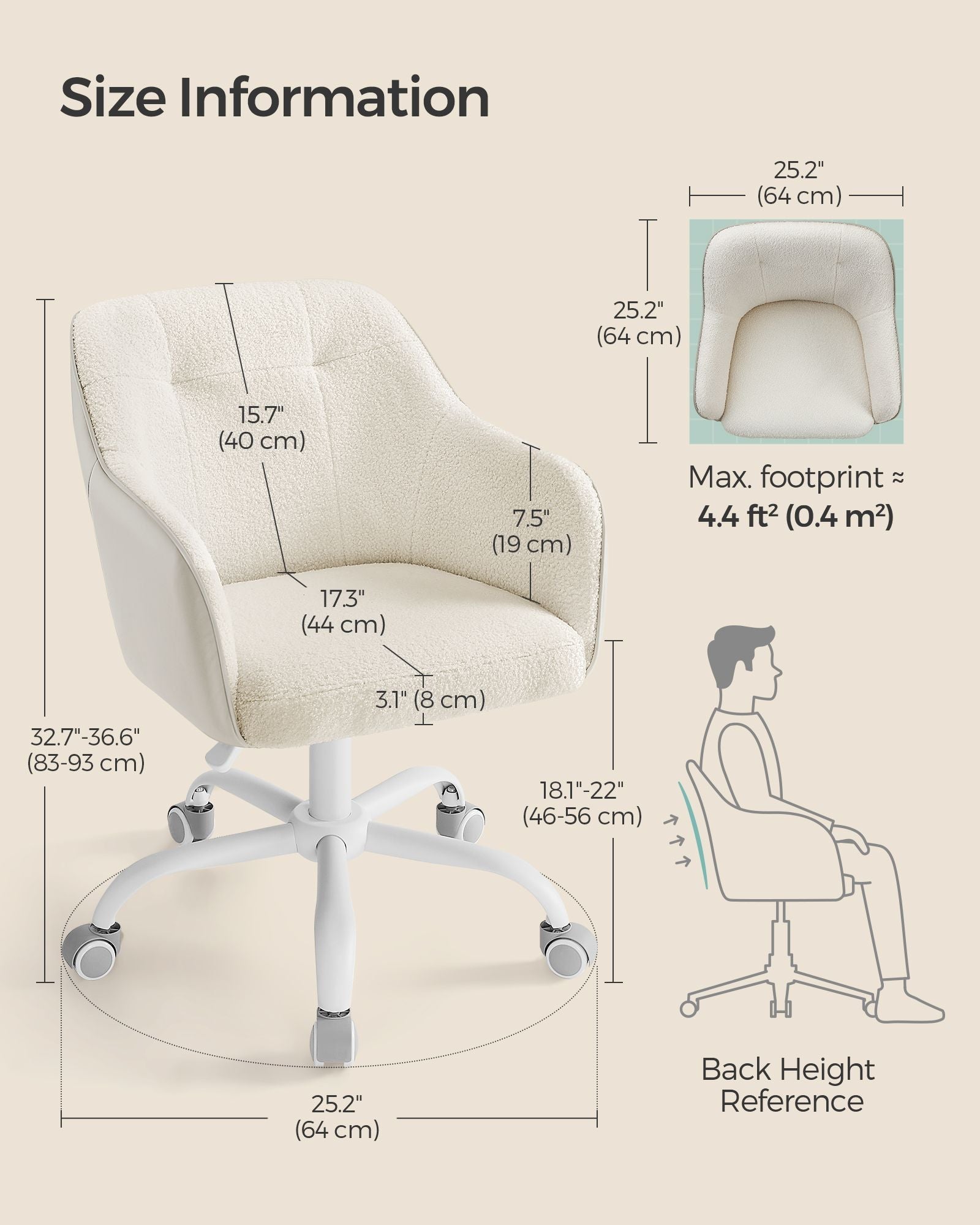 Swivel Desk Chair - Linenette Fabric - Cappuccino Beige - Ergonomic and Height Adjustable