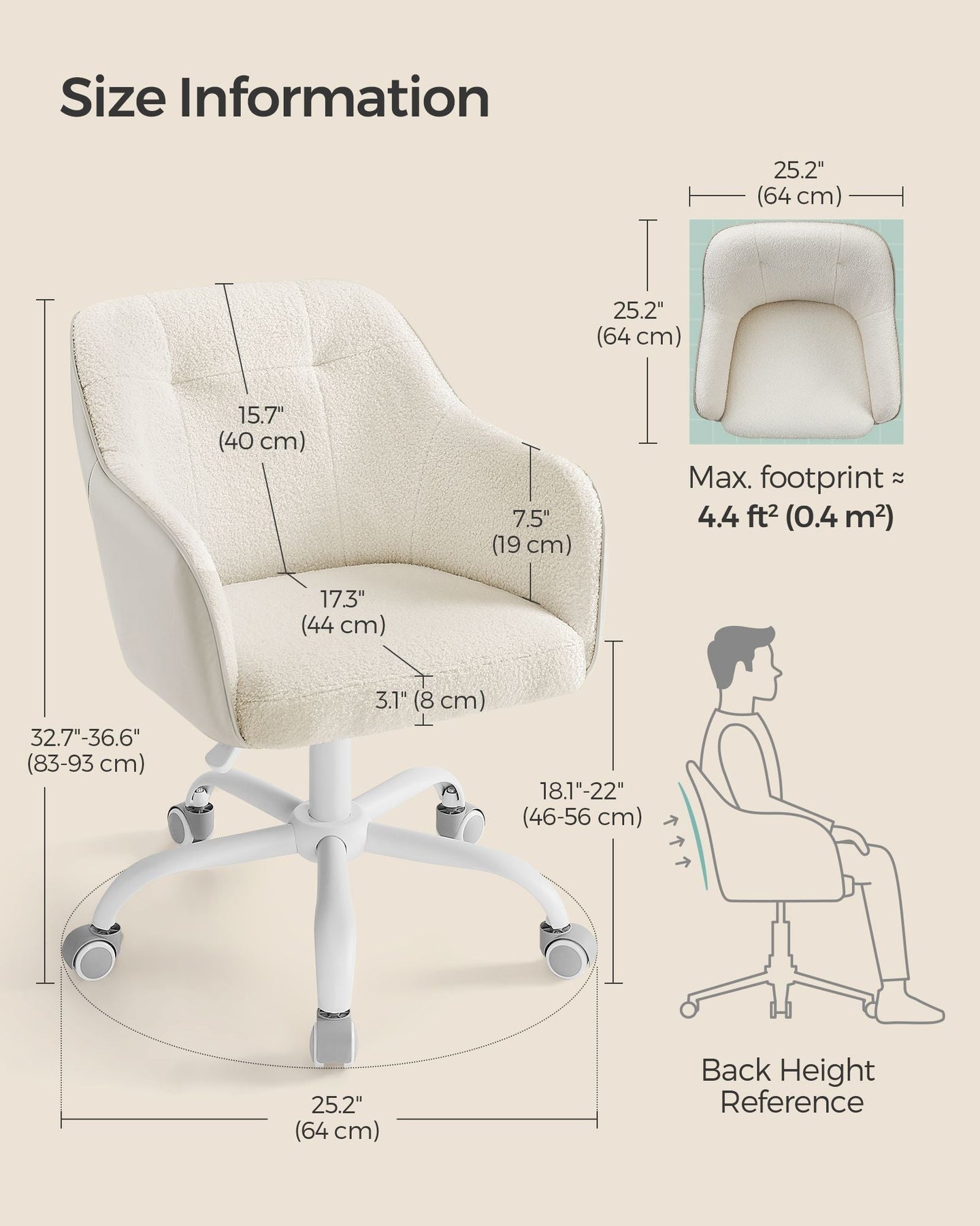 Swivel Desk Chair - Linenette Fabric - Cappuccino Beige - Ergonomic and Height Adjustable