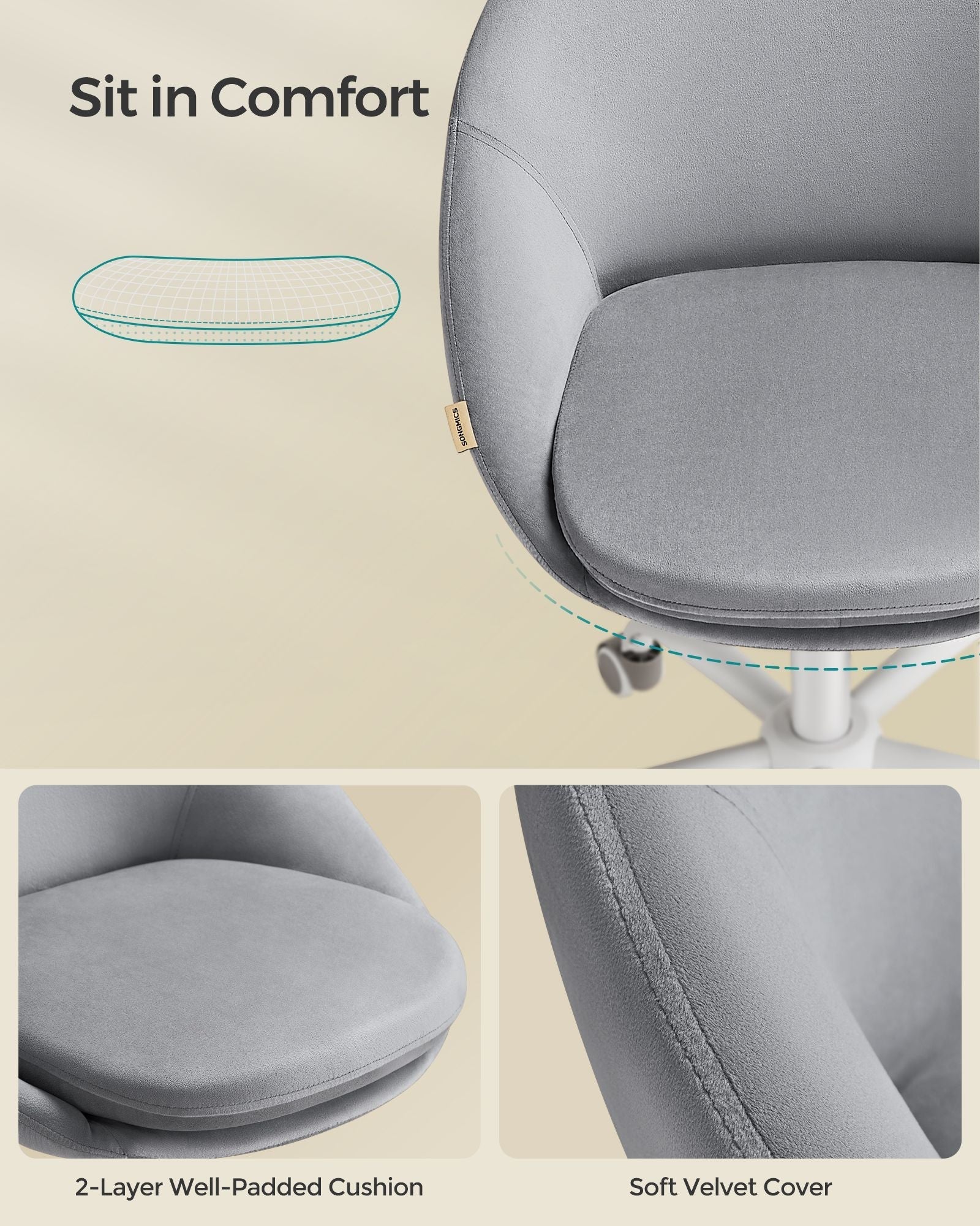 Swivel Chair - Velvet - Dove Grey - Foam Padding