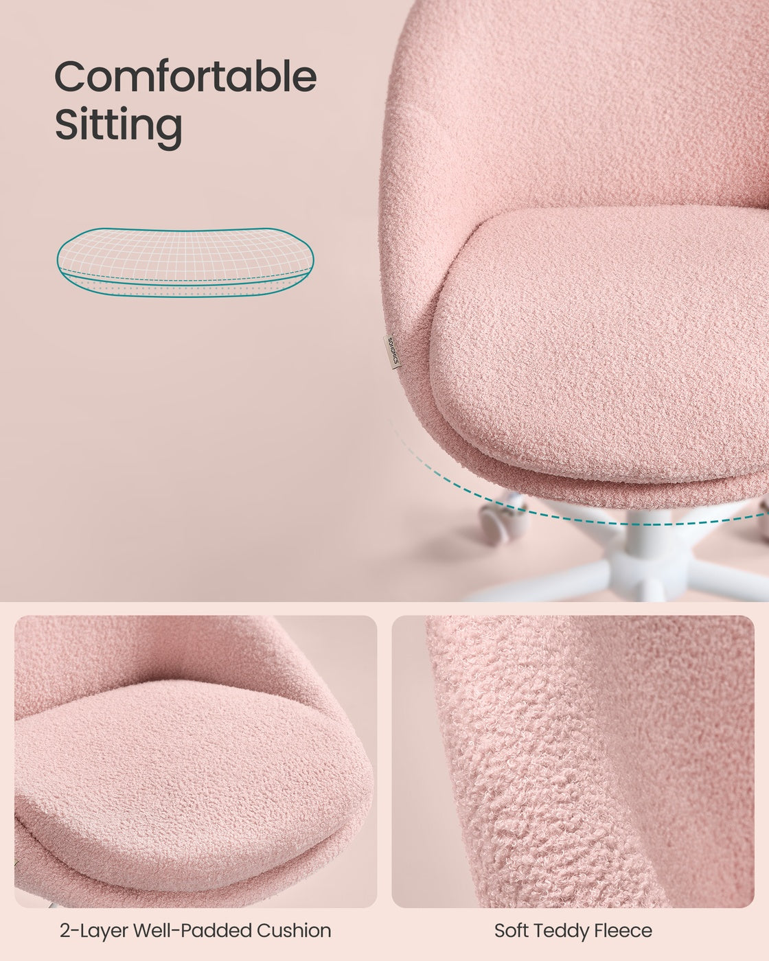 Office Chair - Teddy Fleece and Foam - Jelly Pink