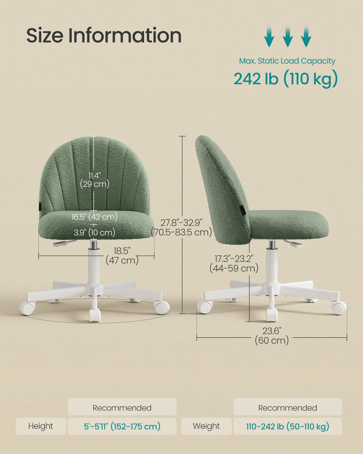 Vanity Stool - Upholstered - Laurel Green - 60 x 60 x 70.5-83.5 cm