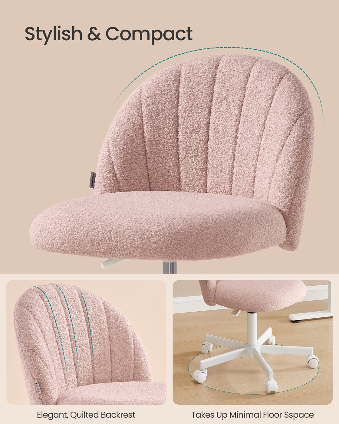 Swivel Office Chair - 23.6" - Teddy Fleece - Height Adjustable