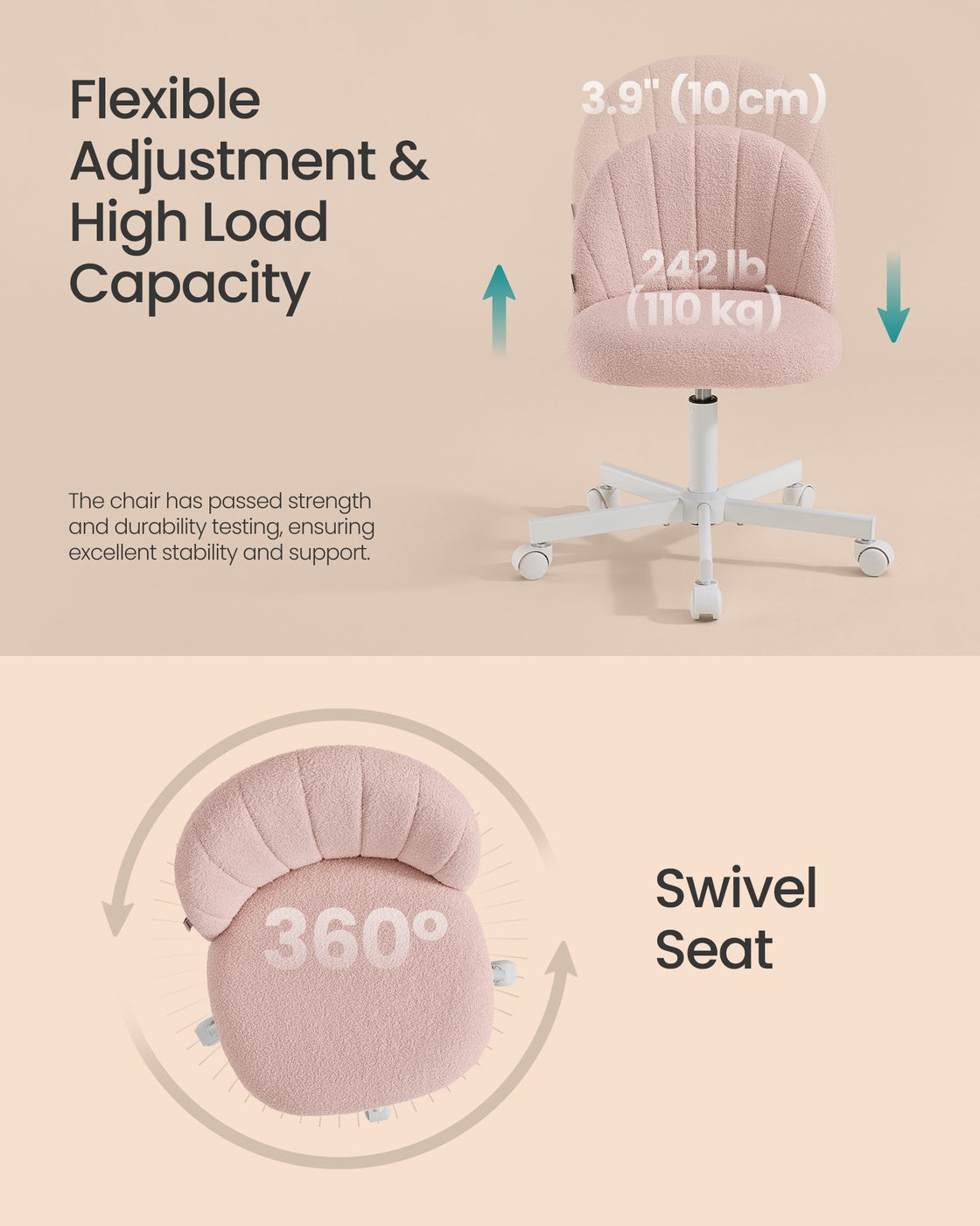 Swivel Office Chair - 23.6" - Teddy Fleece - Height Adjustable