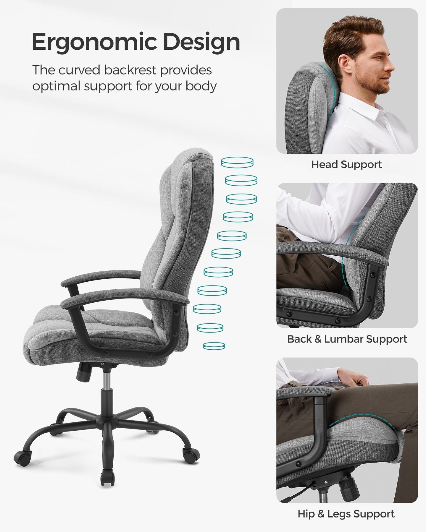 Swivel Office Chair - PU Leather - Dove Grey and Ink Black - High Back with Armrests and Tilt Function