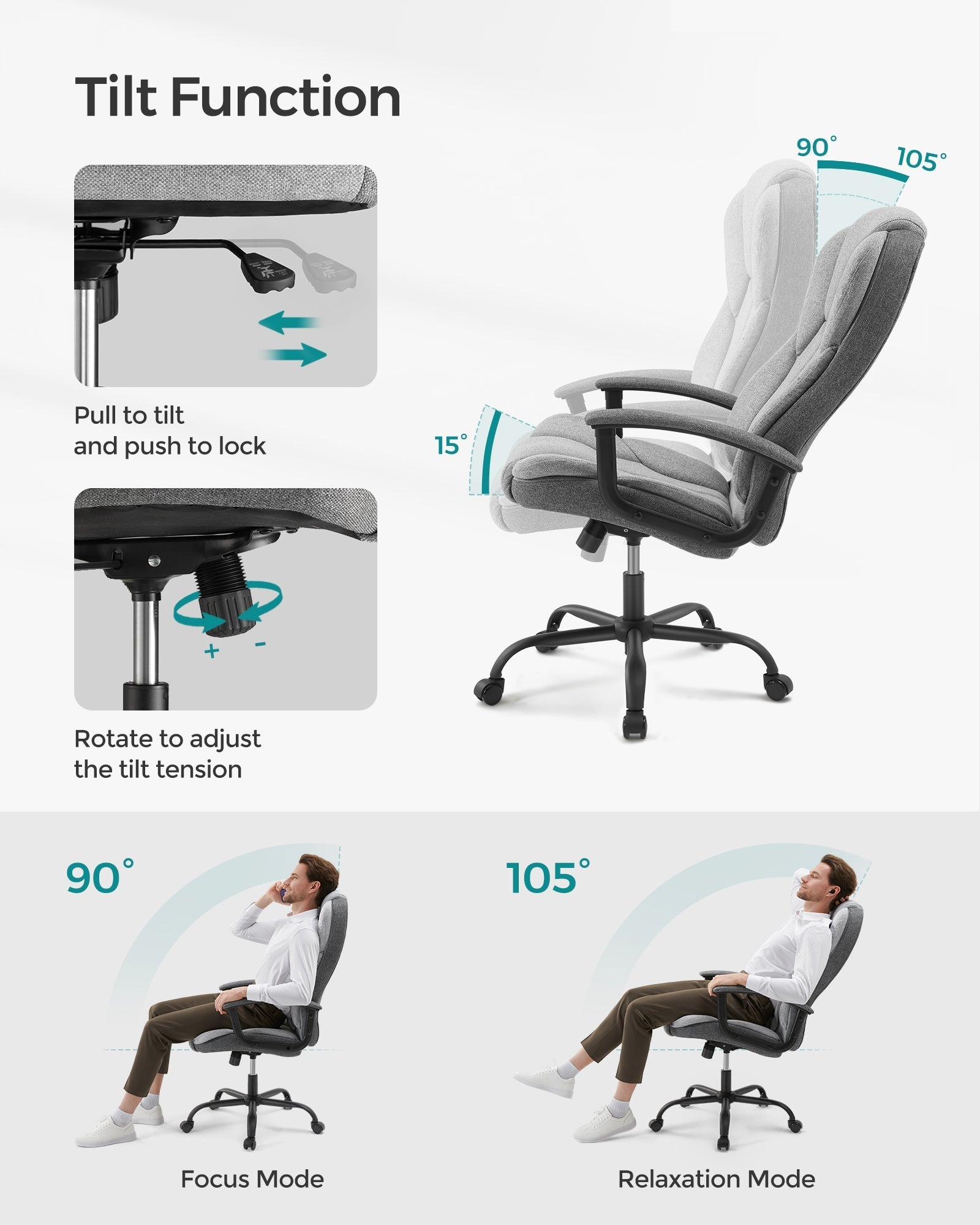 Swivel Office Chair - PU Leather - Dove Grey and Ink Black - High Back with Armrests and Tilt Function