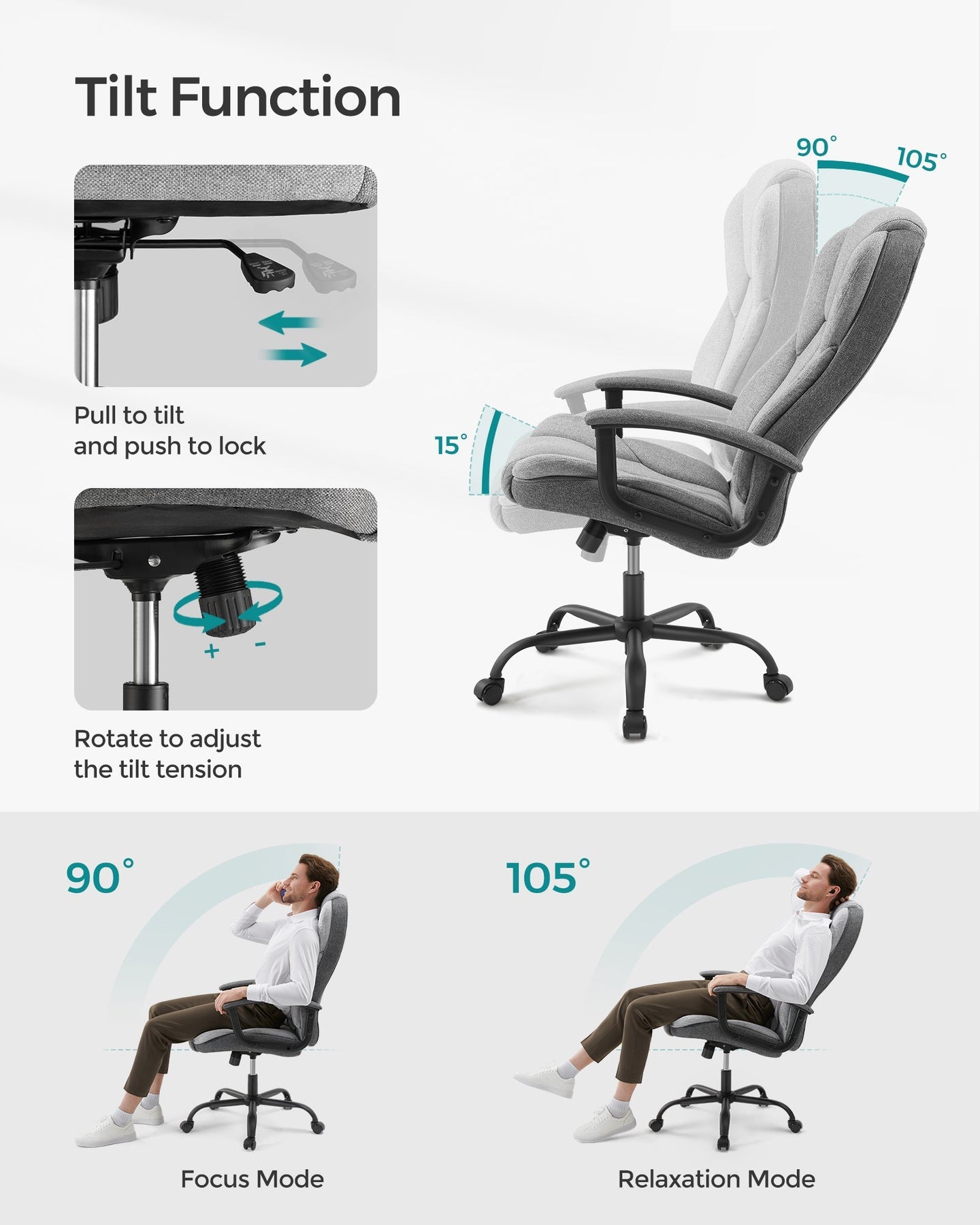 Swivel Office Chair - PU Leather - Dove Grey and Ink Black - High Back with Armrests and Tilt Function
