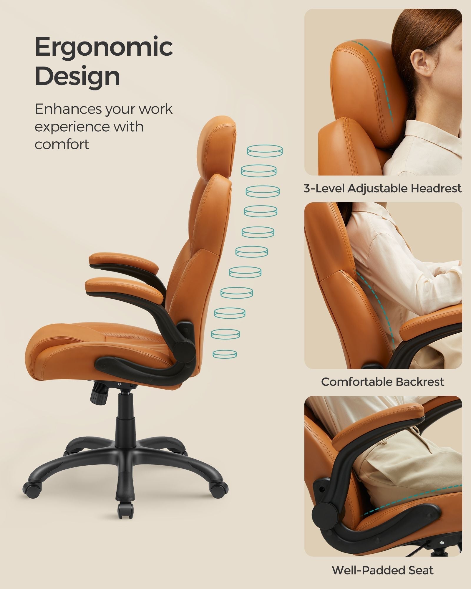 Ergonomic Gaming Chair - PU Leather - Caramel Brown - Height Adjustable with Tilt Function and Flip-Up Armrests