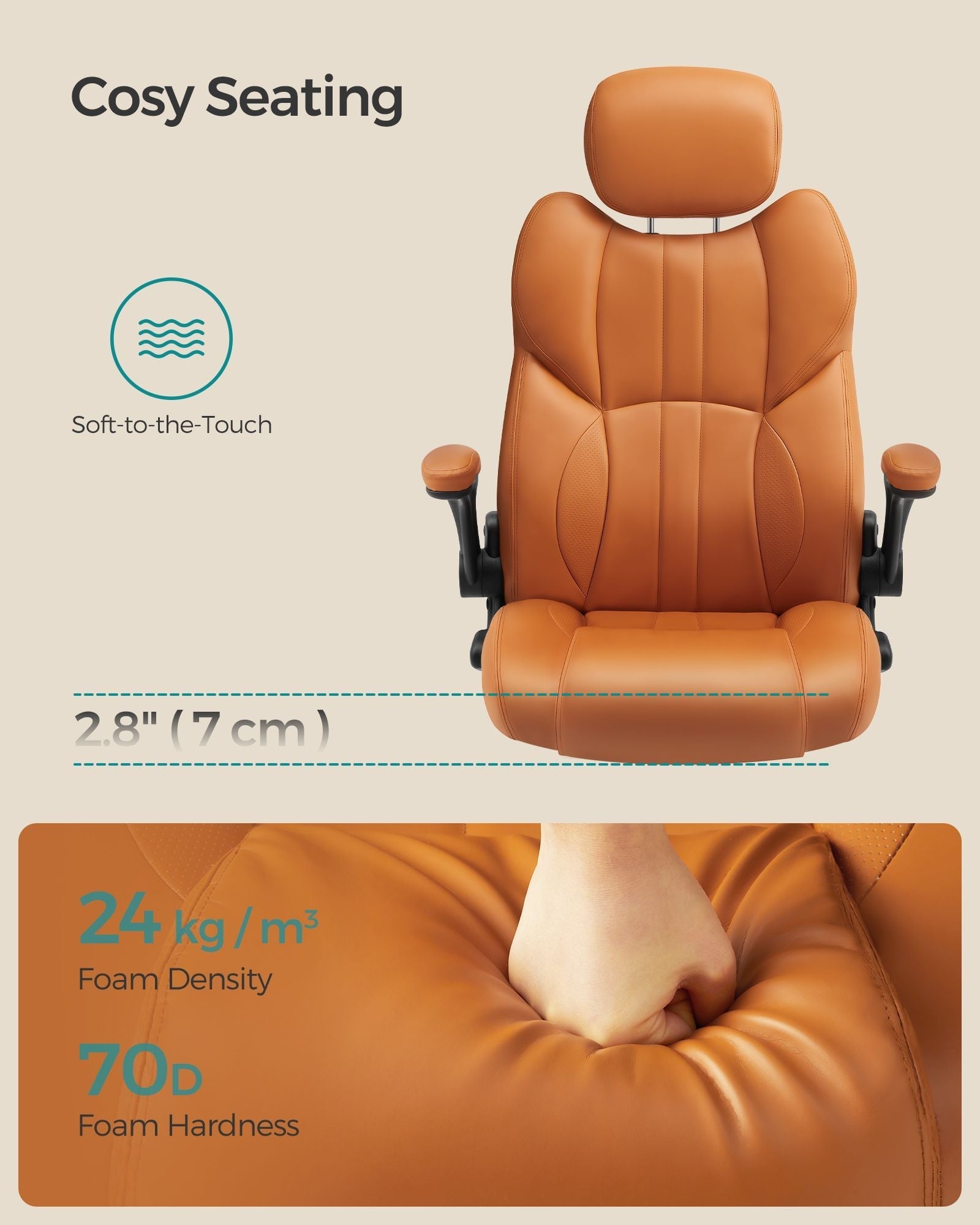 Ergonomic Gaming Chair - PU Leather - Caramel Brown - Height Adjustable with Tilt Function and Flip-Up Armrests